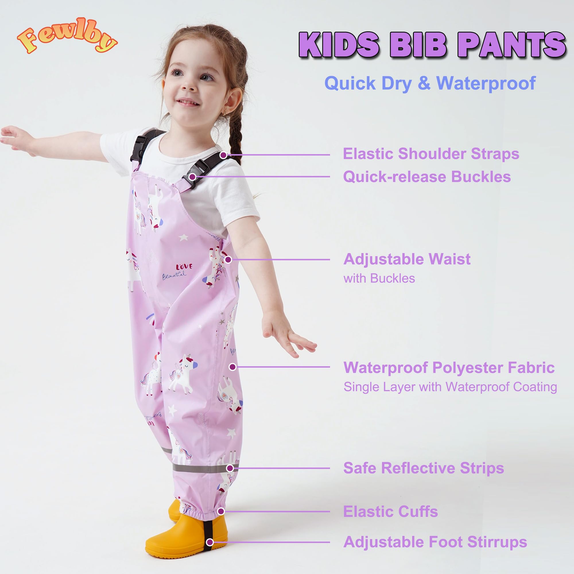 Fewlby Pantalon Impermeable Niñas, Pantalones Barro Peto de Lluvia Niños Mono Impermeable con Tiras Reflectantes Chubasquero Outdoor Traje Impermeable