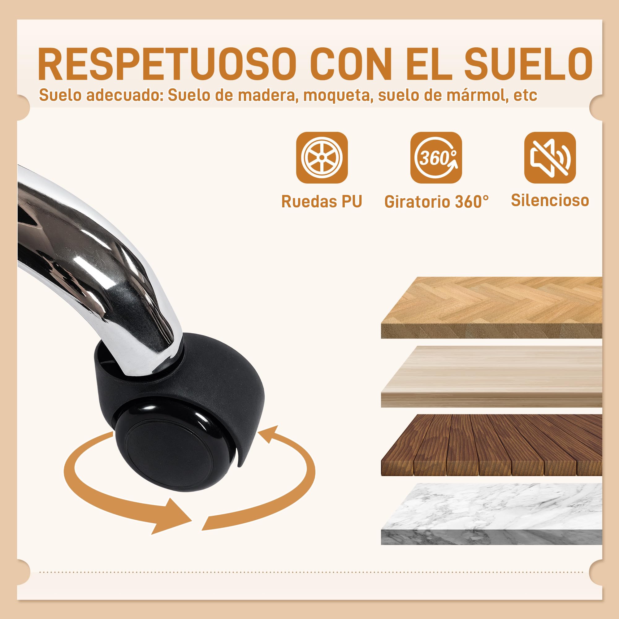 HOMCOM Silla de Oficina Piernas Cruzadas sin Brazos, Ruedas Blanco | Silla Tocador con Asiento Ancho, Altura Ajustable, Doble Acolchado, Giratoria, Función Basculante, Tapizada en PU