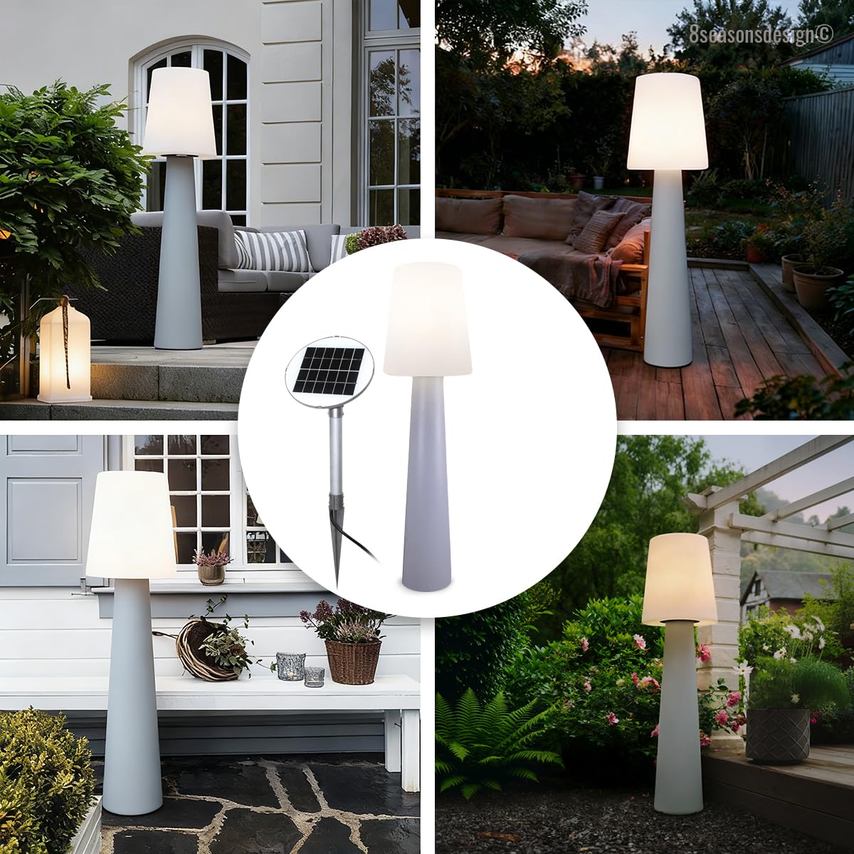 8 seasons design LED Solar Stehlampe No. 1, 160cm groß (Grau), warmweißes Licht, Solarlampe mit Dämmerungssensor, Solarpanel, Stehlampe für außen (Garten, Terrasse, Balkon)