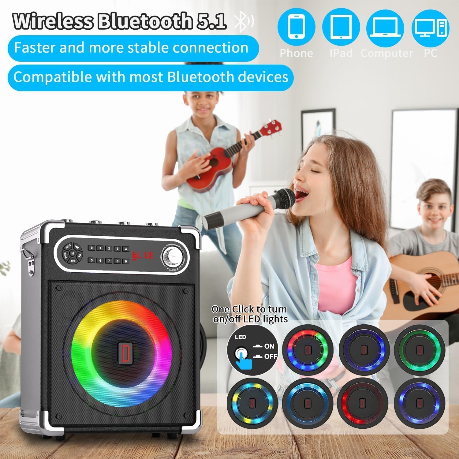 Macchina per karaoke con 2 microfoni wireless, altoparlante portatile Bluetooth 5.3 con luci LED, regolazione bassi/acuti, sistema PA con telecomando, supporta FM/AUX/USB/TF per feste