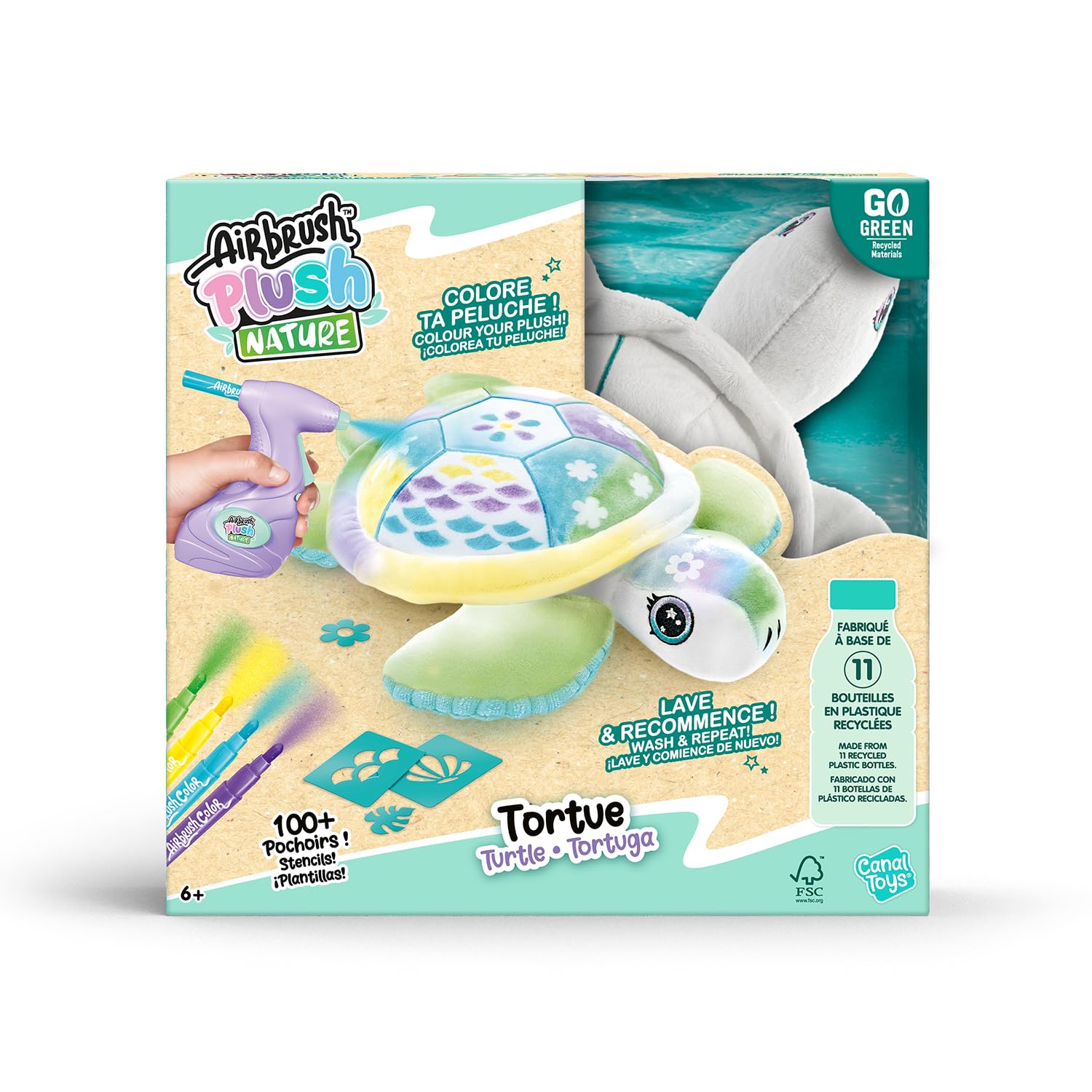 Canal Toys Airbrush Nature Żółw Dostosowywany - Pluszowa sztuka w sprayu z flamastrami i szablonami-certyfikaty FSC i GRS-od 6 lat 280-kanałowe zabawki, OFG 280