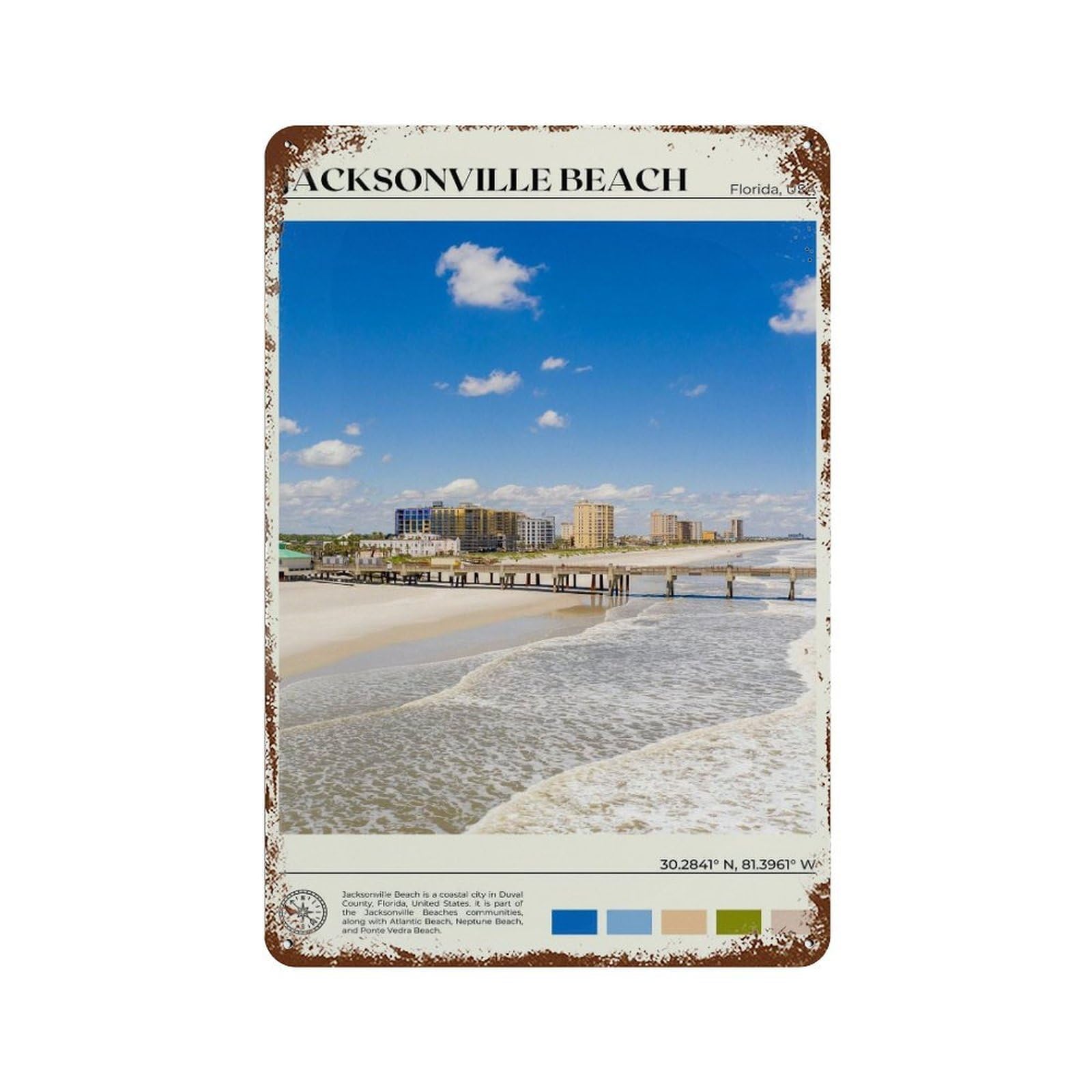 xiaoxiaoshen Real Photo Jacksonville Beach Florida Wall Decor Art Metal Tin Poster Modern Home Decor Art Home Bar Shop Decorations Vintage Sign 30x20cm