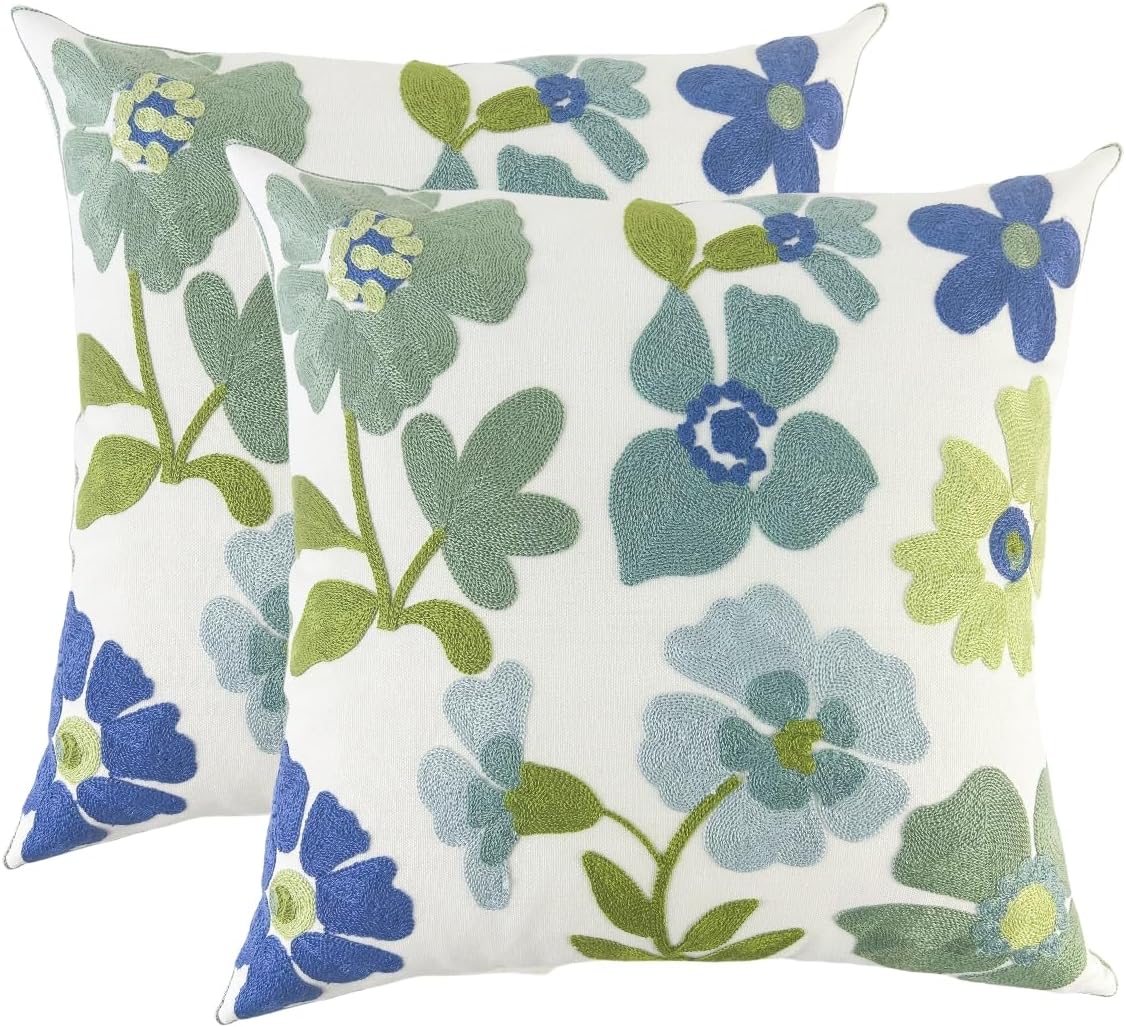 IcosaMro Pack of 2 Embroidered Floral Decorative Throw Pillow Covers 18x18 Inches Seasonal Boho Embroidery Pillow Cases for Outdoor Couch Sofa Bedroom Living Room Cotton Cushion Cover, Green & Blue