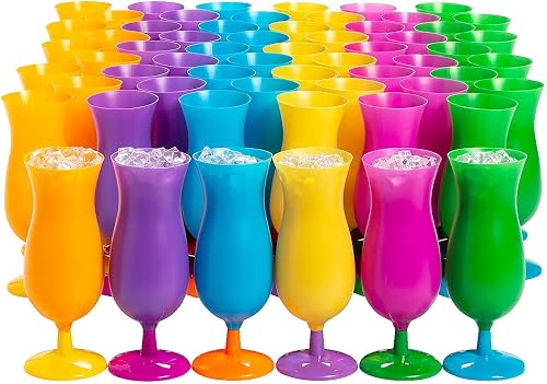 Plastic Cocktail Glasses Neon Hurricane 60 Pack | Margarita, Pina Colada & Daiquiri Drinks, Reusable Acrylic Party Cups, Luau, Mardi Gras & Tropical Beach Events