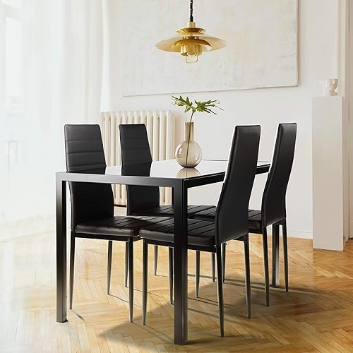 5 Pieces Dining Table Set for 4,Kitchen Room Tempered Glass Dining Table,4 Faux Leather Chairs,Black