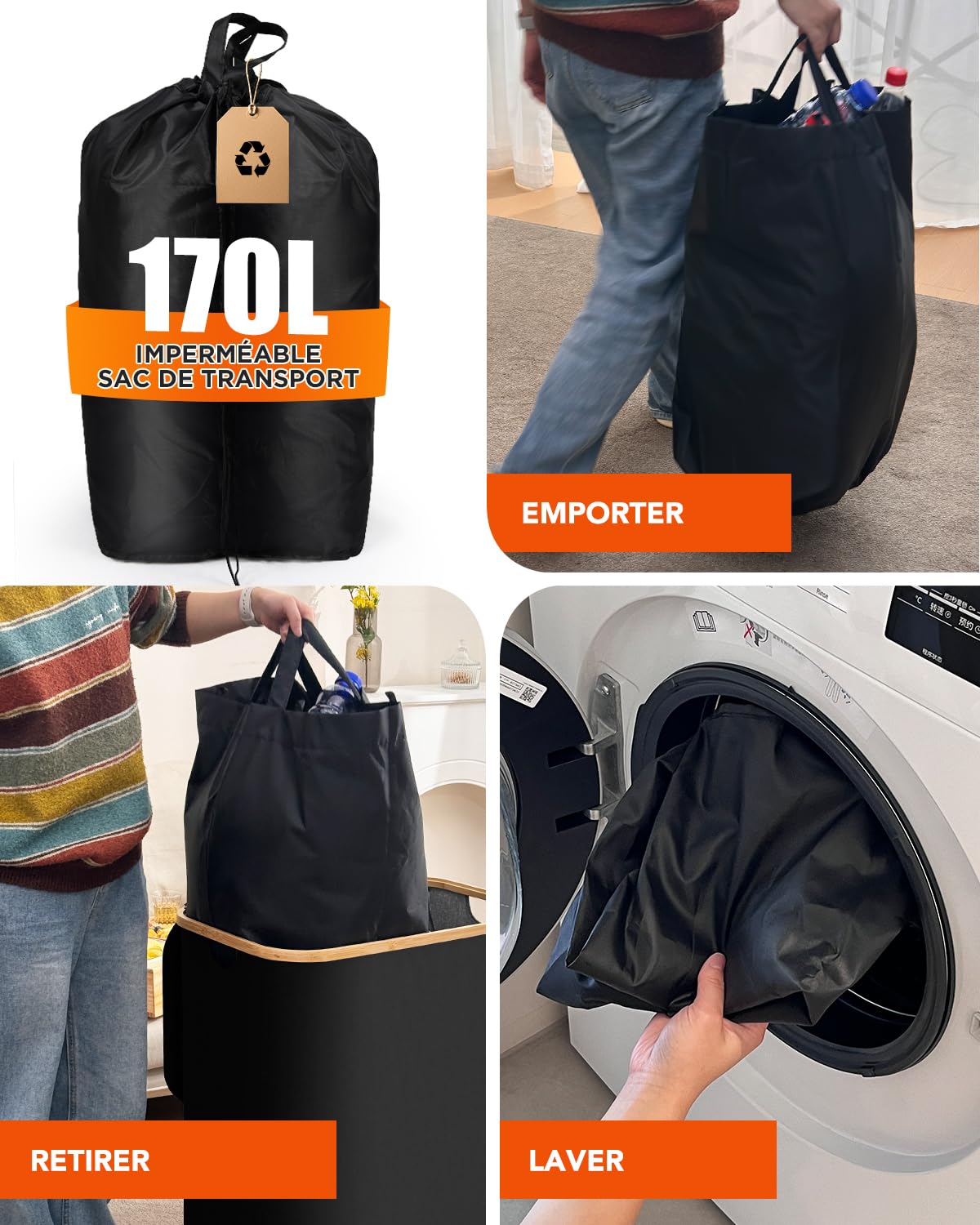 SOUTHGATE 170L Collecteur de Bouteilles Avec Couvercle, 2 Compartiments Poubelle Recyclage, 2 Réutilisables Sac Recyclage, Poubelle Tri Selectif Pour Plastique, Bouteilles Verre, Noir