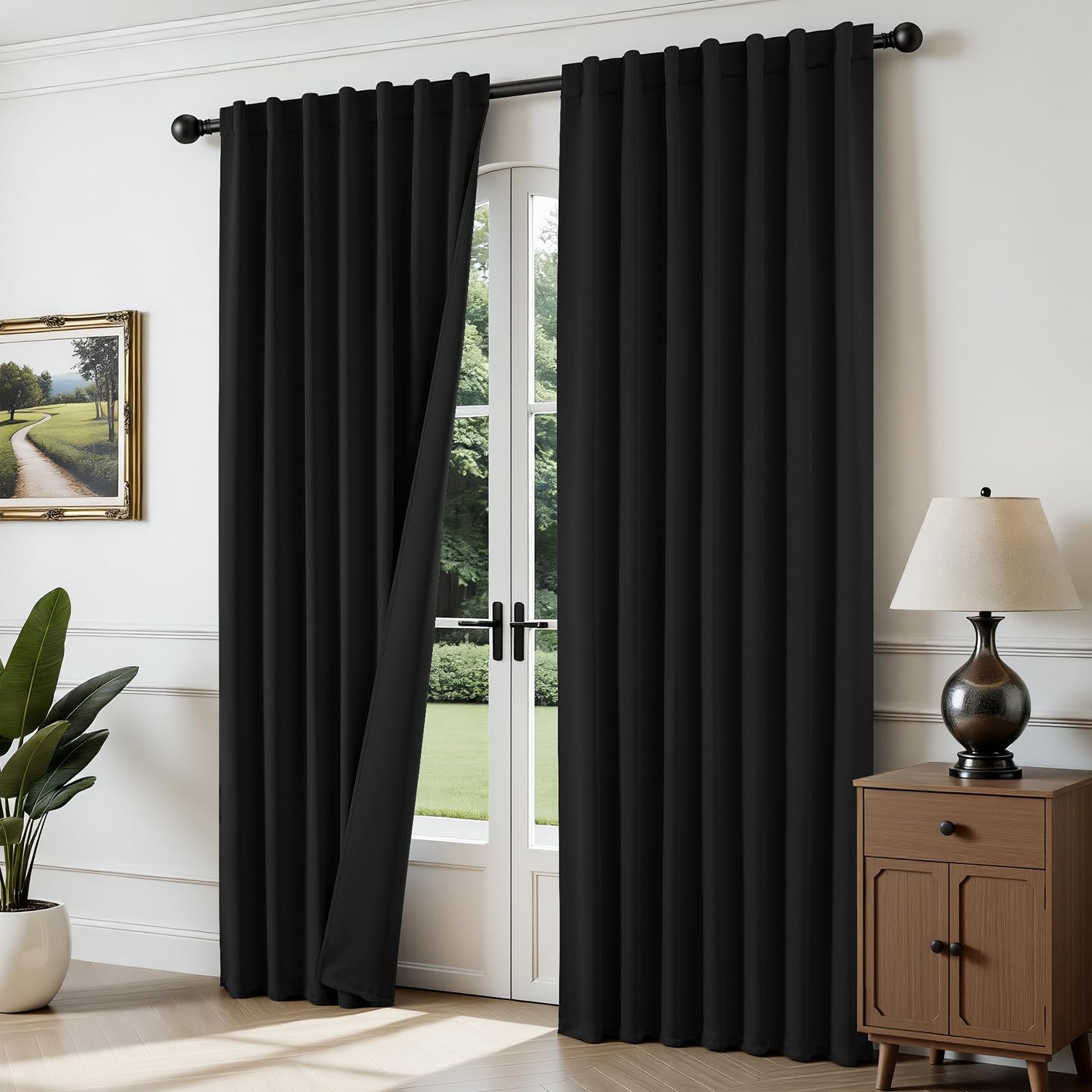 Joydeco Blackout Curtains for Bedroom, Black out curtains 96 inch long 2 Panels, Long Black Drapes with Rod Pocket Back Tab, Room Darkening Noise Reducing & Wrinkle-Free Drapes for Living Room Windows