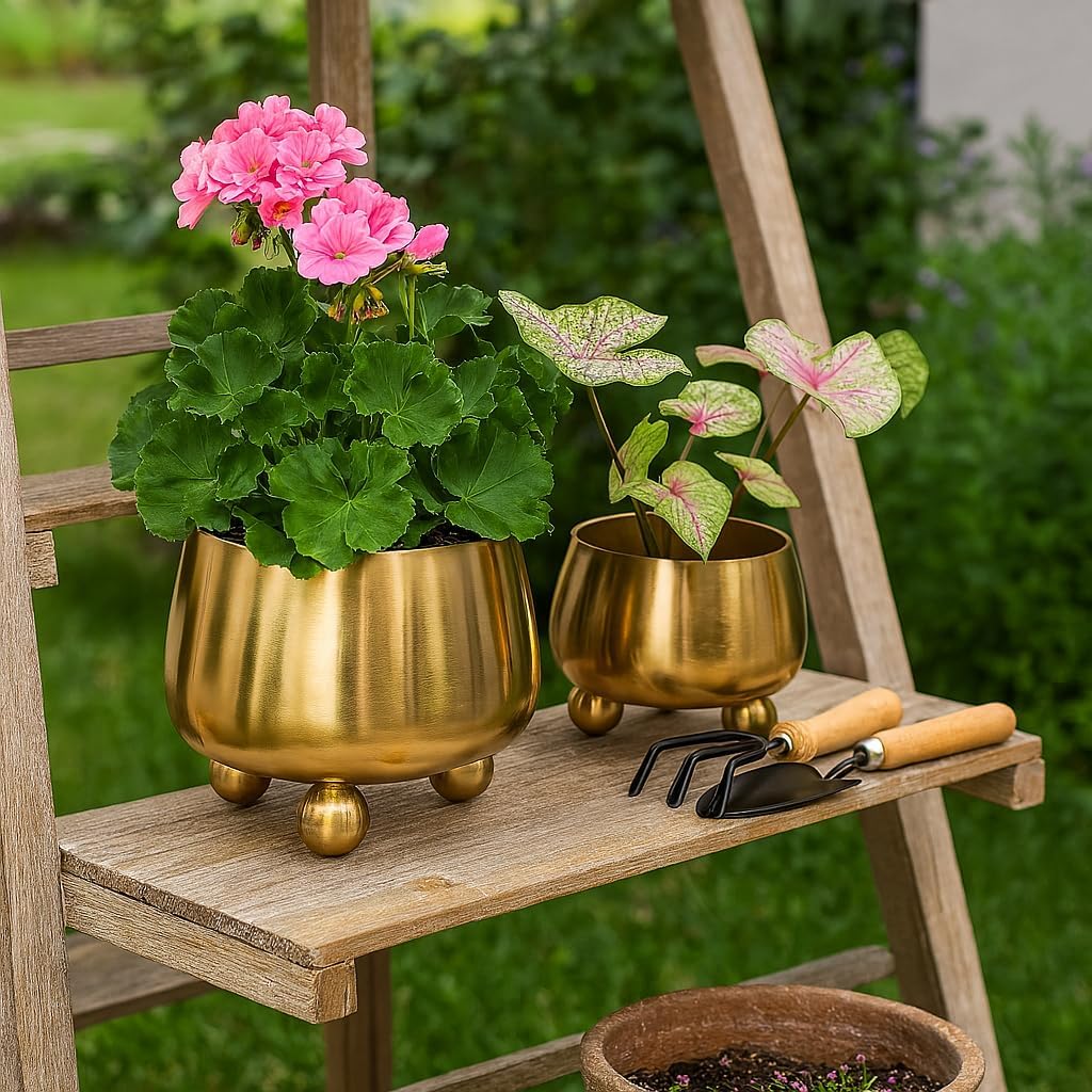 Flower Pots and Planters for Home Decor – Modern Plant Pots for Indoor and Outdoor Succulents, Herbs, and Ferns – Pots for Indoor Plant Stand Ideal for Garden, Patio, or Room Set of 2 – 9", 7" Gold