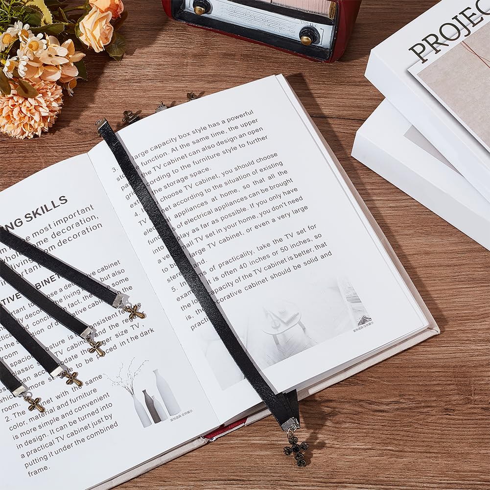 FINGERINSPIRE 2 Pcs Leather Bookmark 35.5x1cm Cowhide Leather Bible Bookmarks with 4 Ribbon Book Mark with Alloy Cross Pendant Black Christian Leather Bookmark for Women Men Book Lovers - Image 4