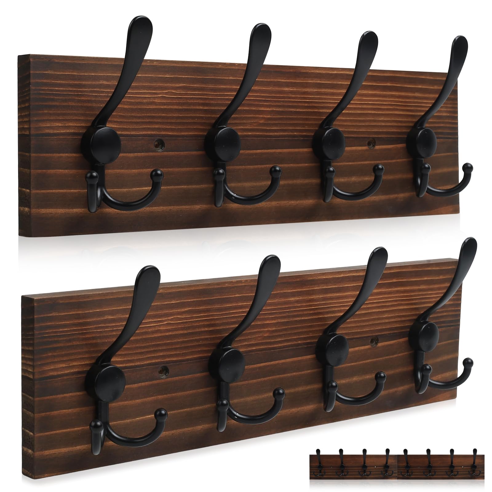 PHINGEER 31.5" Large Coat Rack Wall Mount Coat Hooks with 8 Black Metal Triple Hooks, 1.4cm Thick Solid Pine Wood Wall Hooks for Hanging (Brown, 4 Hooks) — image 1