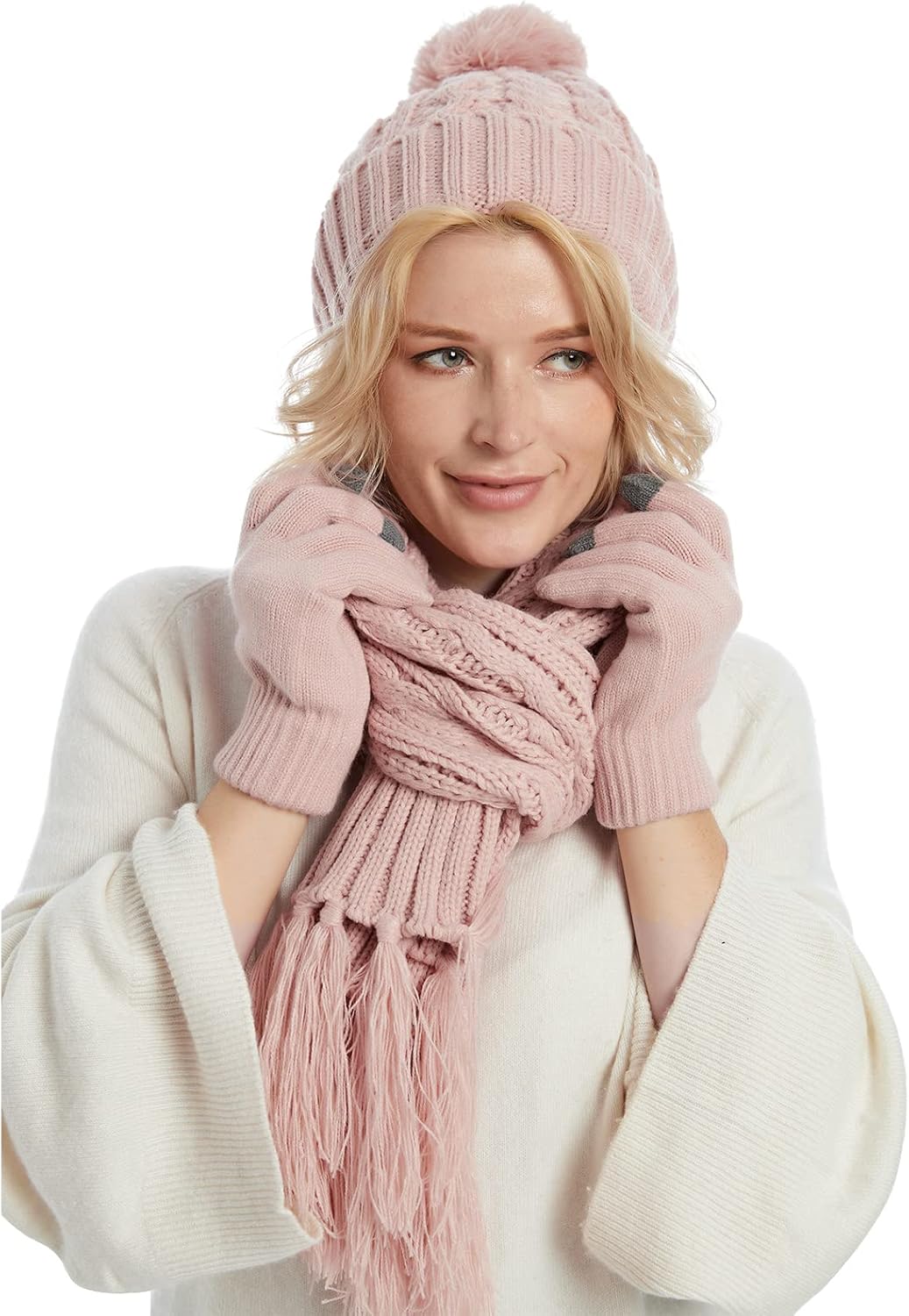 IDOWELA Womens Cable Knit Beanie Hat Scarf Glove Set, Fleece Lined