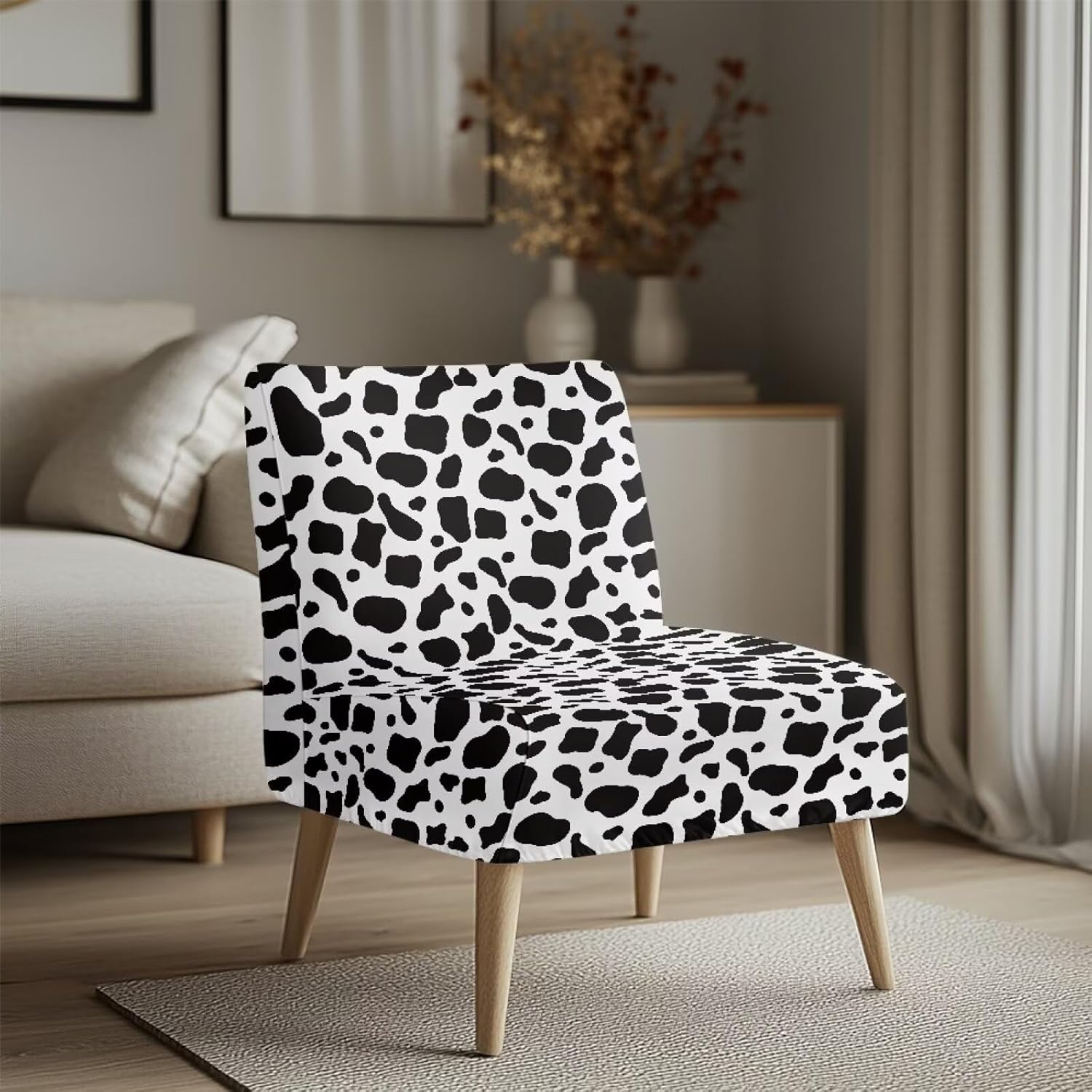 Set of 2 Armless Accent Chairs Covers Thick Cow Print Armless Sofa Cover Stretchable Couch Cover Removable Slipper Chair Slipcover Decorations for Living Dining Room Hotel