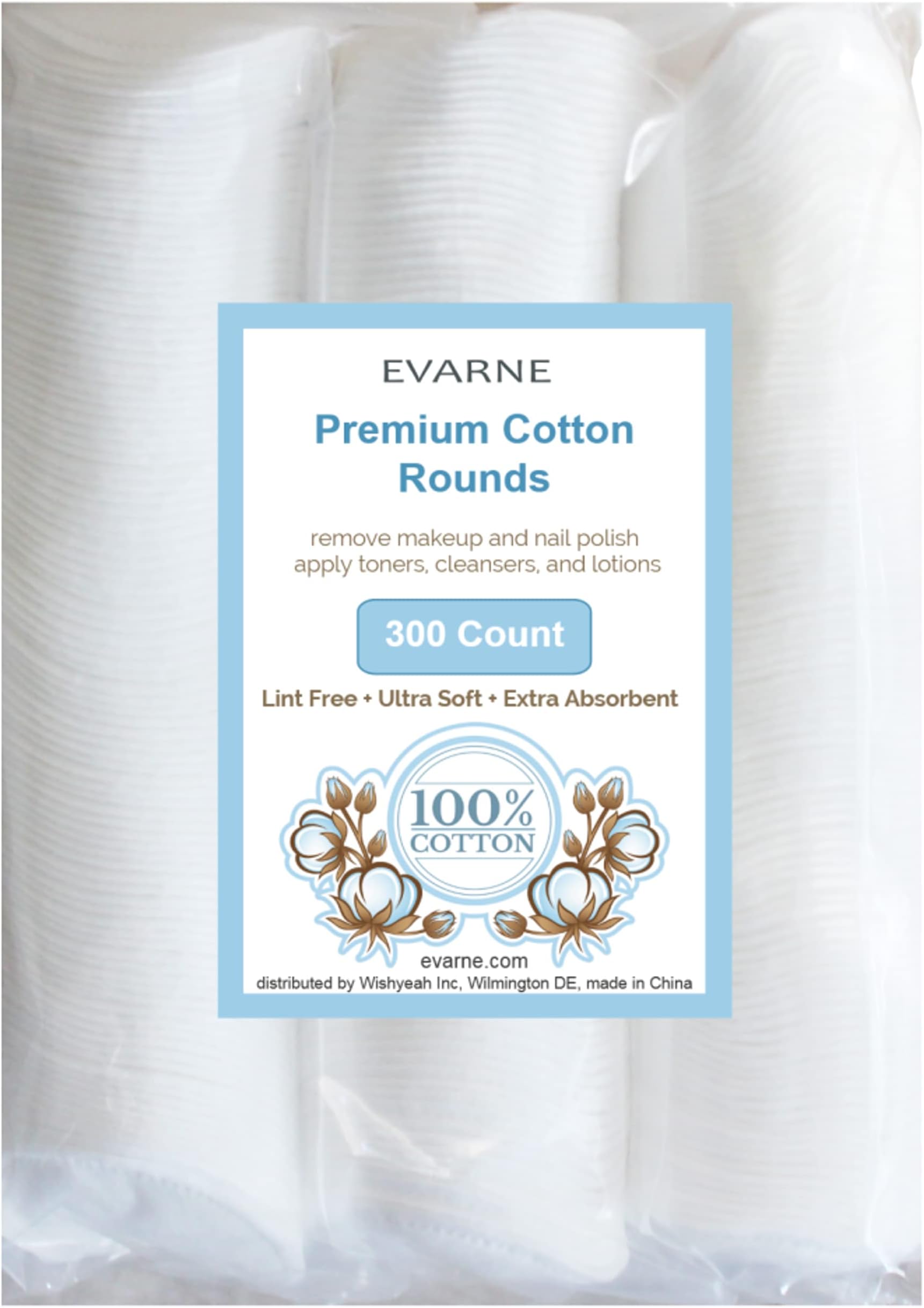 Evarne Premium 100% Cotton Rounds for Face, 300 Count, Lint-Free, Soft, Absorbent Eyes and Face Makeup Remover Pads