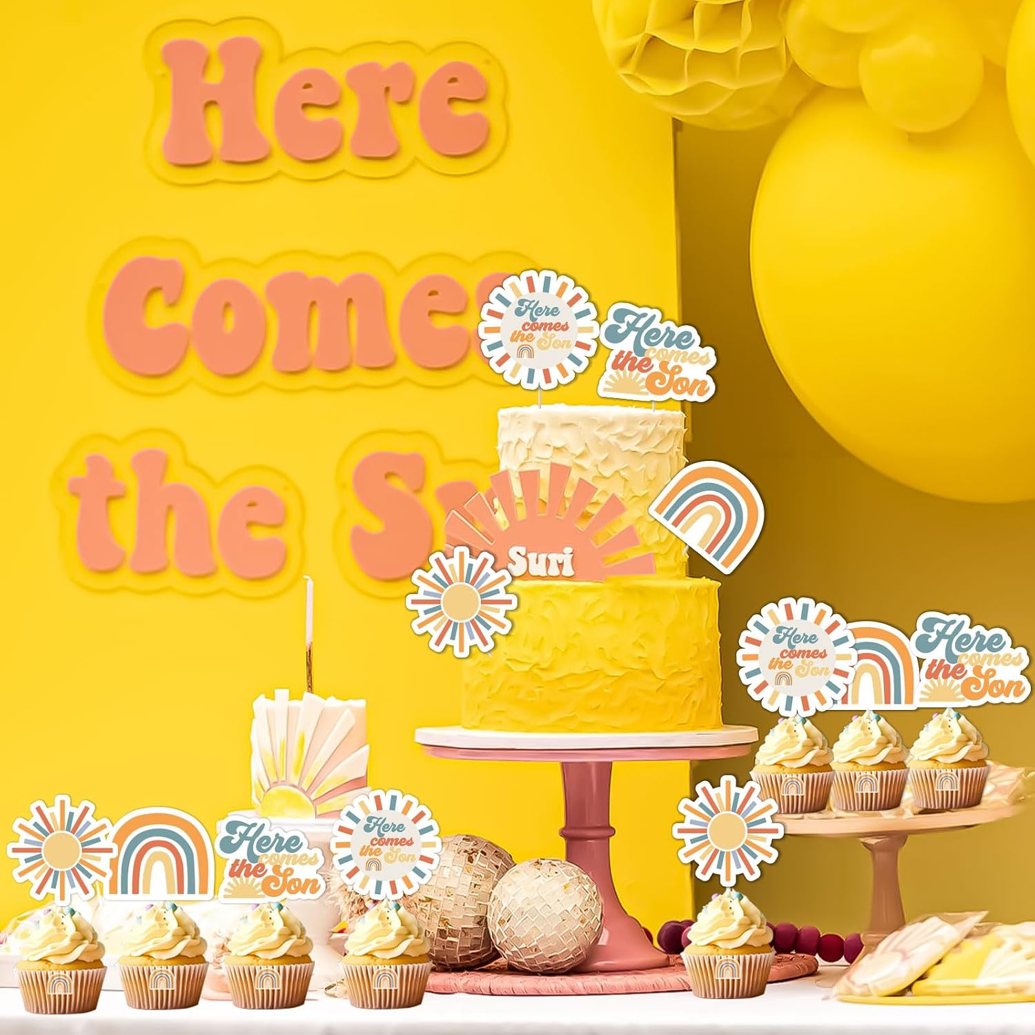Here Comes the Son Baby Shower Decorations Cake Topper 24Pcs Retro Sunshine Baby Shower Decorations Cake Toppers Boy You Are My Sunshine Baby Shower Cupcake Topper Boho Sun Baby Shower