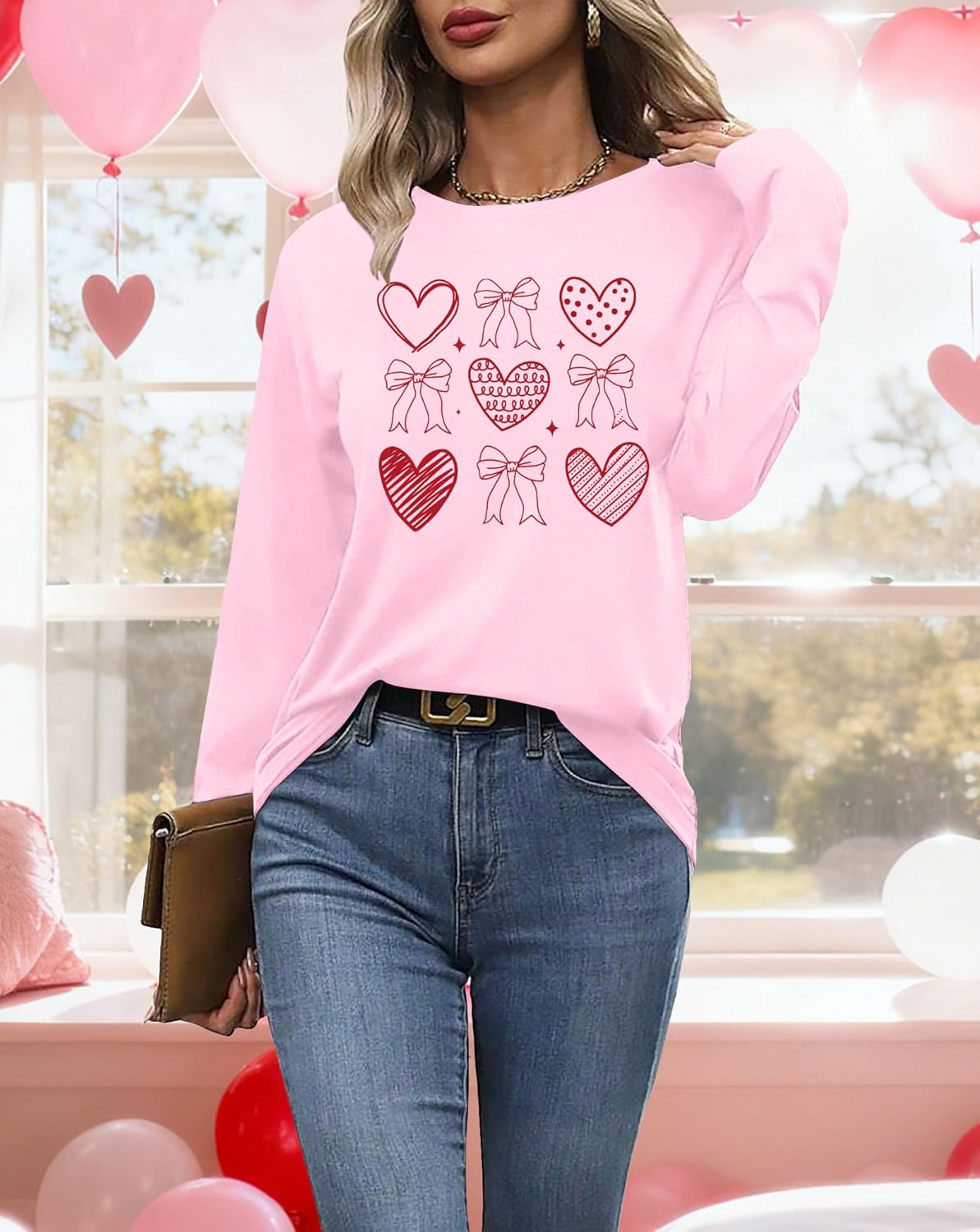 Valentines Shirt Women Love Heart Long Sleeve Shirts Valentine's Day Lover Crewneck Top - Image 5