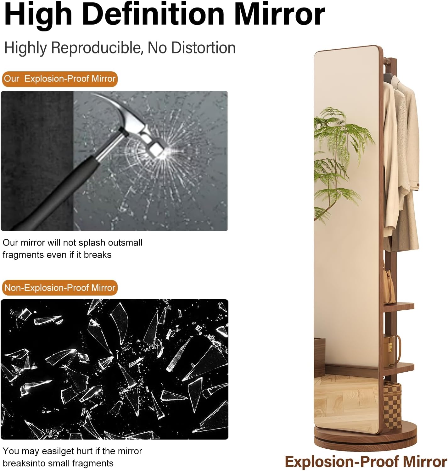 AnywaysWood Full Length Mirror with Stand,Mirror Coat Rack,65.7 ''×15.8 ''Floor Mirror for Bedroom, Living Room, Dressing Room(Walnut)