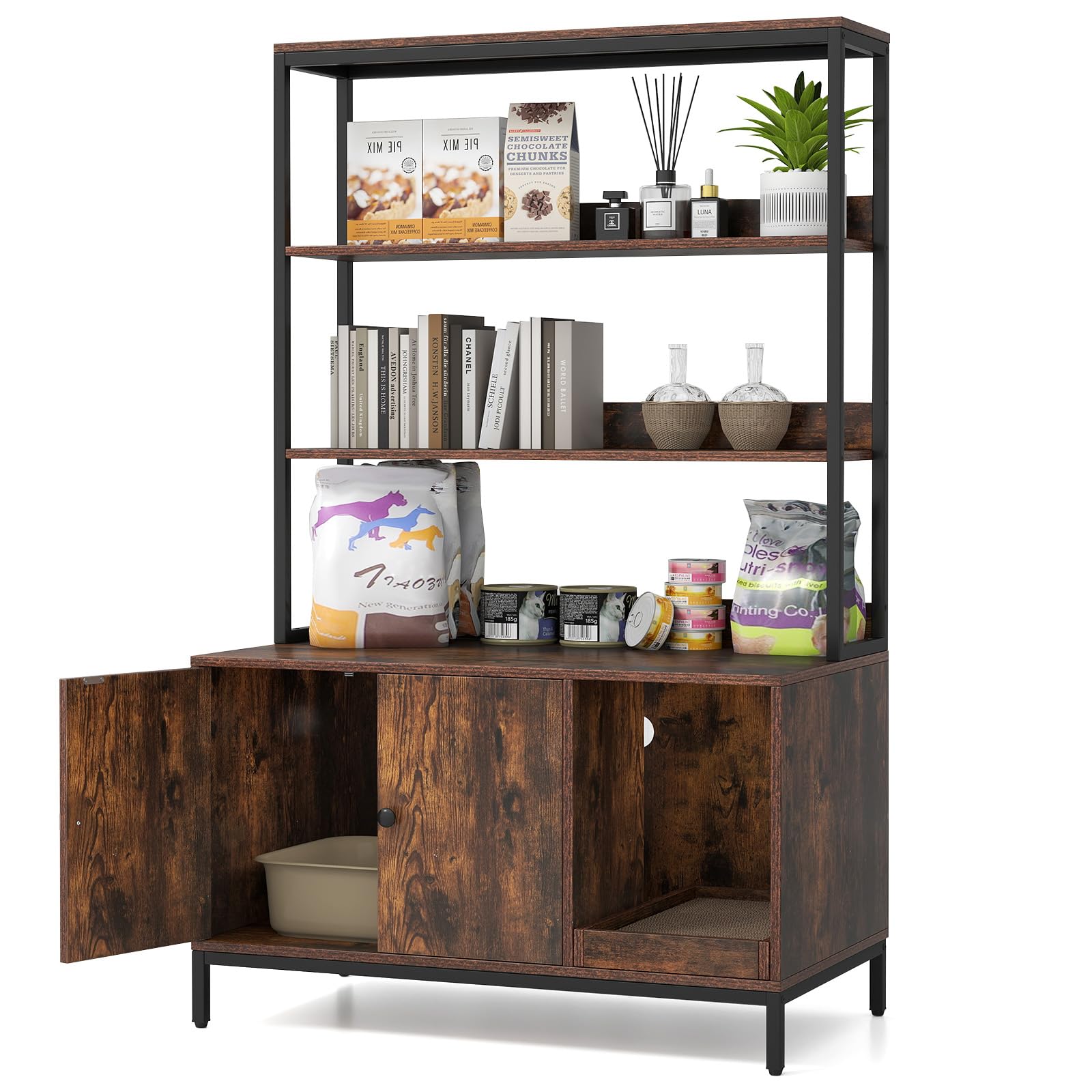 Maxmass Cat Litter Box Enclosure, Wooden Cat House with Removable Scratching Pad & 3-tier Storage Shelves, Hidden Kitten Washroom Furniture for Indoor Cats (Rustic Brown + Black)