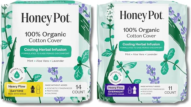 The Honey Pot Company - Heavy Daytime & Overnight Bundle - Herbal Pads Insused w/Essential Oils for Cooling Effect & Organic Cotton Cover - Feminine Care - Sanitary Pads for Women