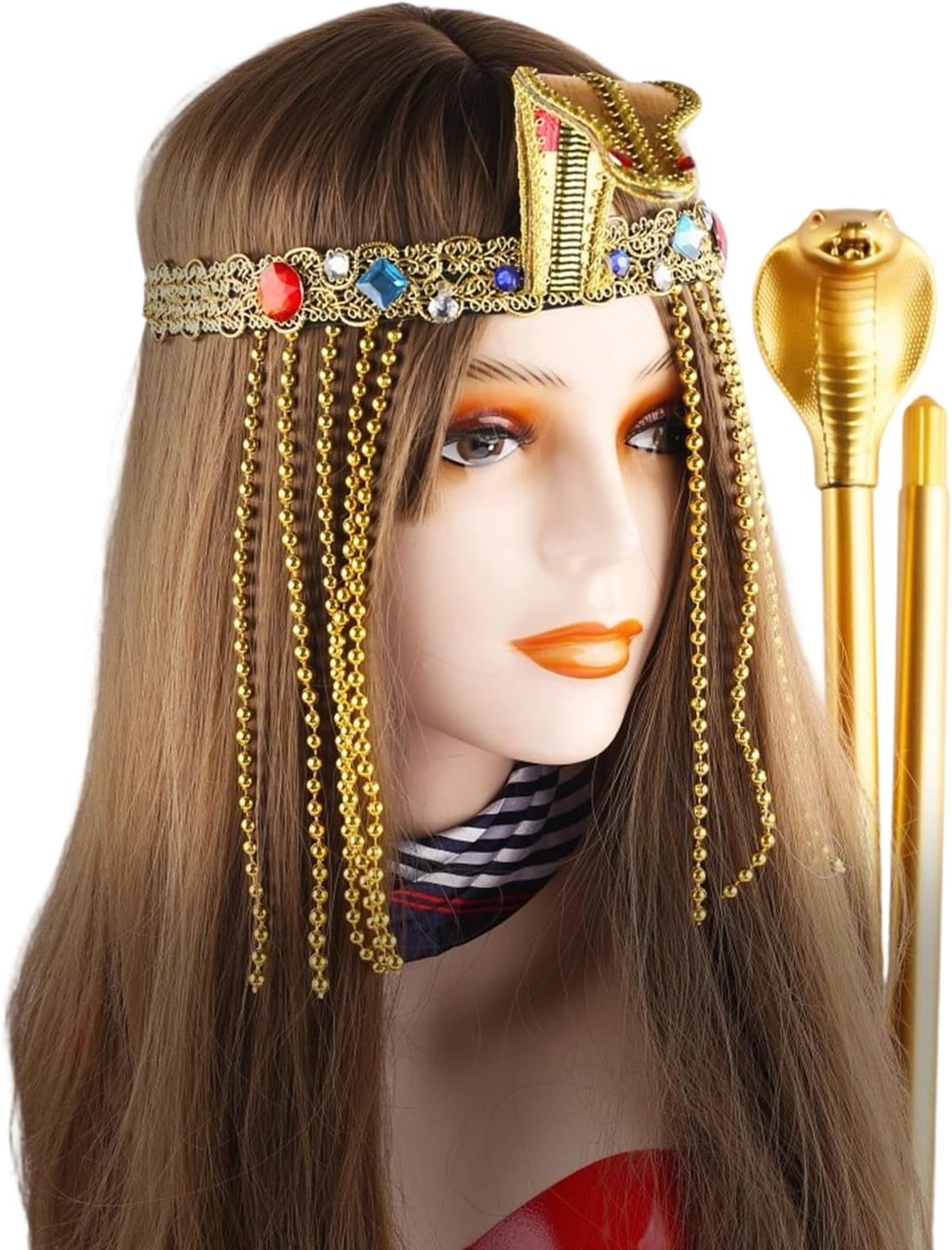 Detailed Egyptian Headpiece Crowns for Cosplay Event, Pharoh Costume Snake Scepters Tassels Chain Set