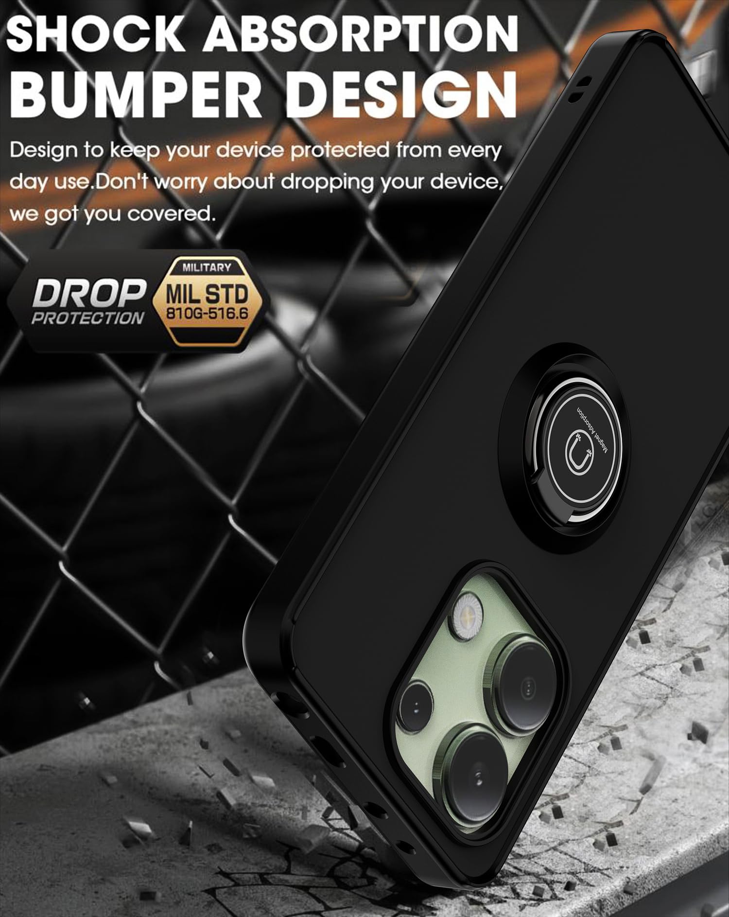XINYEXIN Cover per Xiaomi 13 Pro, Traslucida Custodia Antiurto Antigraffio con Supporto Anello a 360°, PC + TPU Bumper Case - Nero