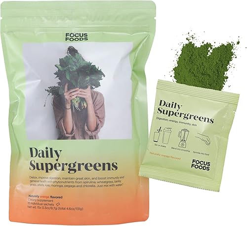 Focus Foods Daily Supergreens - Sabor natural a naranja - 15 bolsas diarias de polvo moringa pegaga col rizada clorella espirulina hierba de trigo