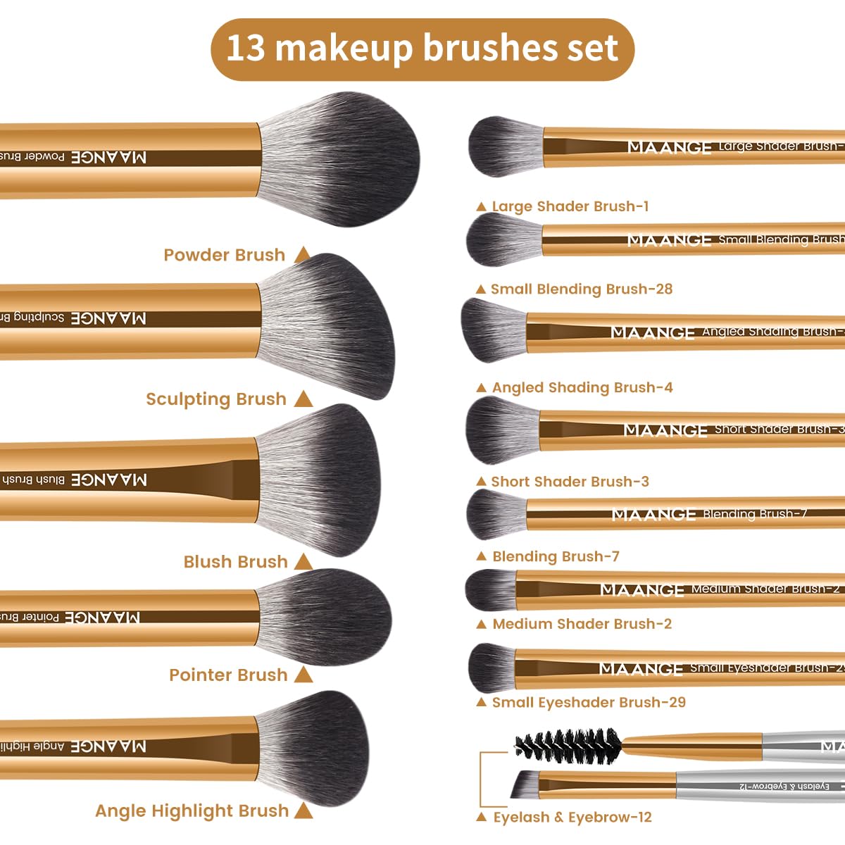 MAANGE 13 PCS Makeup Brushes Travel Make Up Brushes Premium Synthetic Powder Concealers Brushes Professional Makeup Brush Set with Case (Gold Silver)