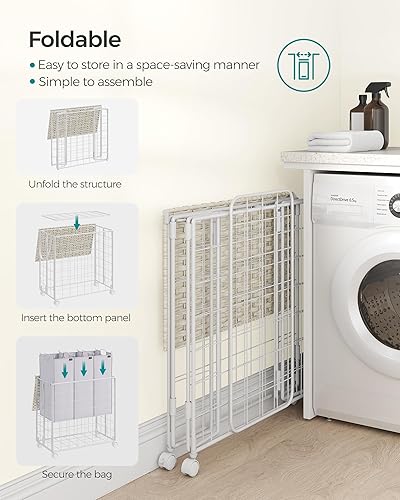 Miniatura 6 de SONGMICS Cesta de lavandería, Cesta de lavandería de 130 L con tapa, Cesta de ropa con ruedas, Bolsa de revestimiento extraíble plegable,