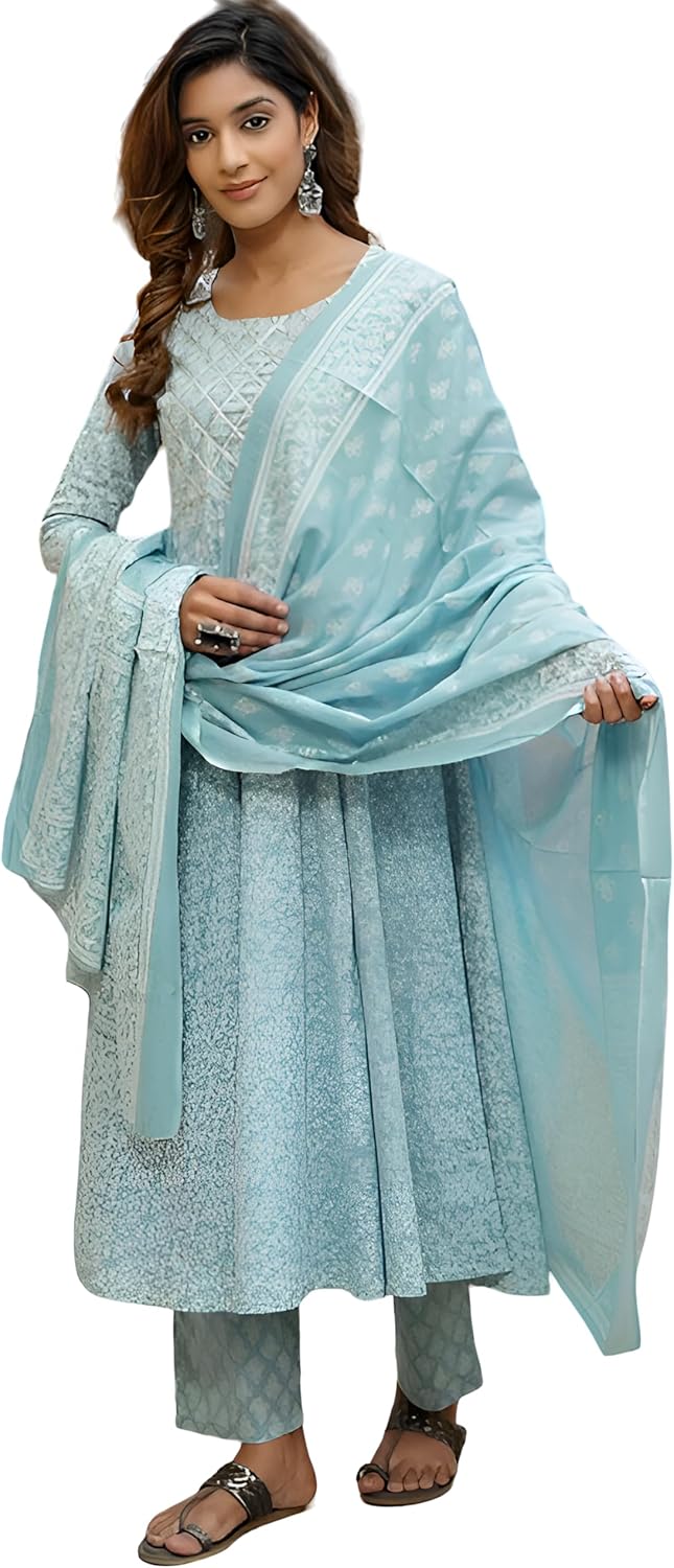 INDACORIFY Indian Printed Cotton Kurti Beautiful Floral Print Casual Dress with Pant Dupatta Set for Women's and Girls Suit