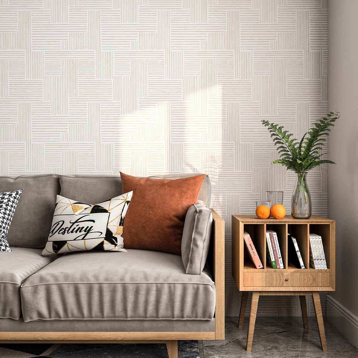 Naphite Modern Stripe Peel and Stick Wallpaper Boho Contact Paper for Cabinets Drawers Geometric Self Adhesive Removable Wallpaper for Bedroom Waterproof Beige/White Neutral Wall Decor 17.3inW 393inL