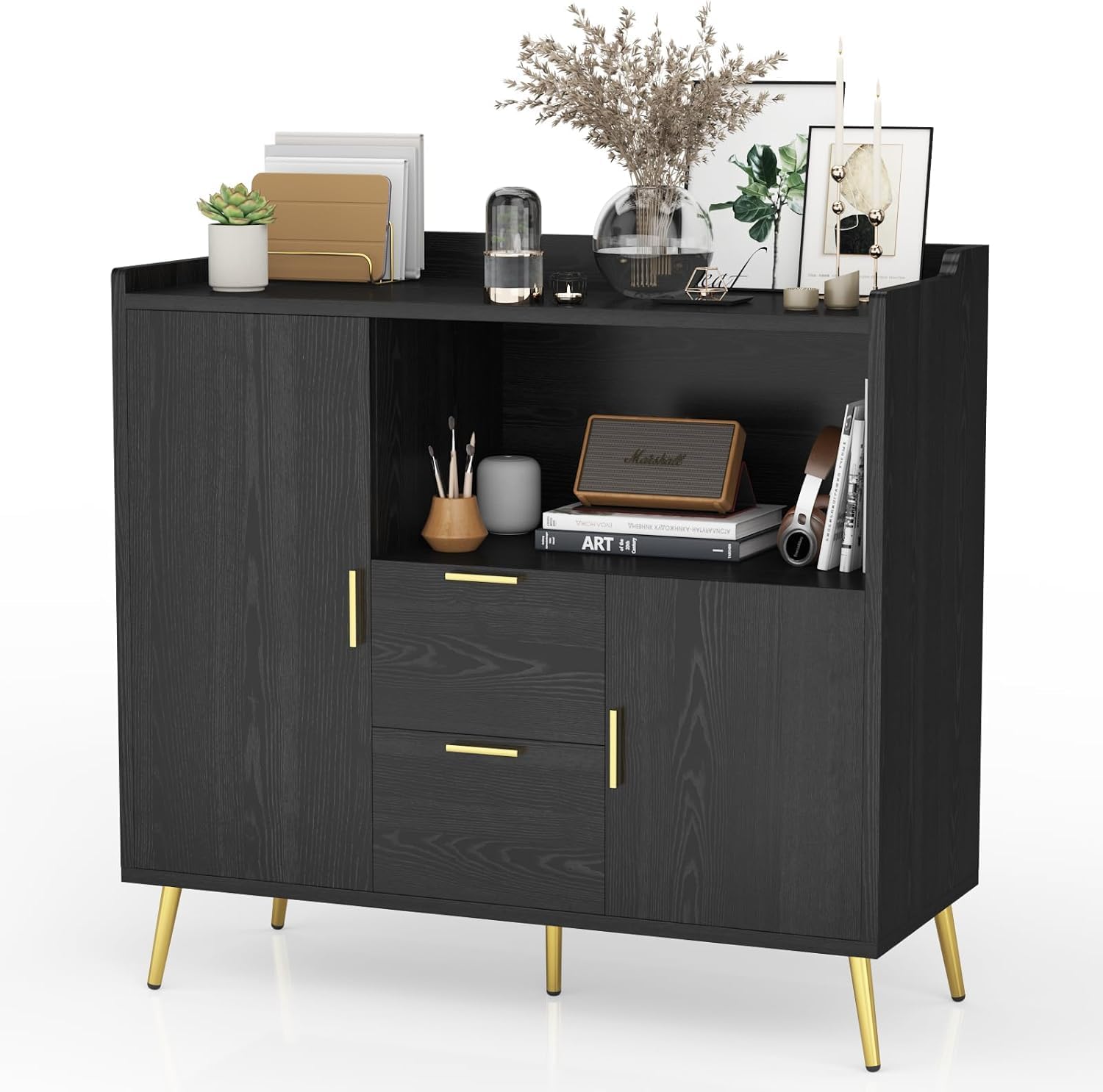 Modern Storage Solution Buffet Sideboard Cabinet – Wooden, 40 Inch, with Drawers, Doors, Adjustable Shelves, Open Compartments – Perfect for Kitchen, Dining Room, Living Room – Color: White