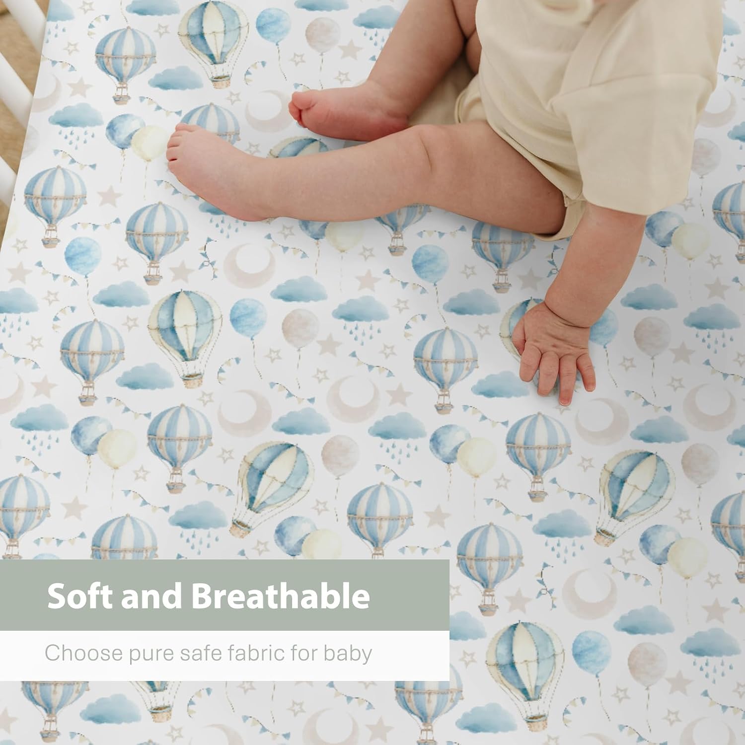Neutral Blue Hot Air Balloons Baby Crib Sheets for Boy Girl 52"x28" Pastel Balloons Moon Stars Clouds Soft Snug Fitted Crib Mattress Cover Boho Sky Nursery Baby Sheet for Crib & Toddler Bed Mattress