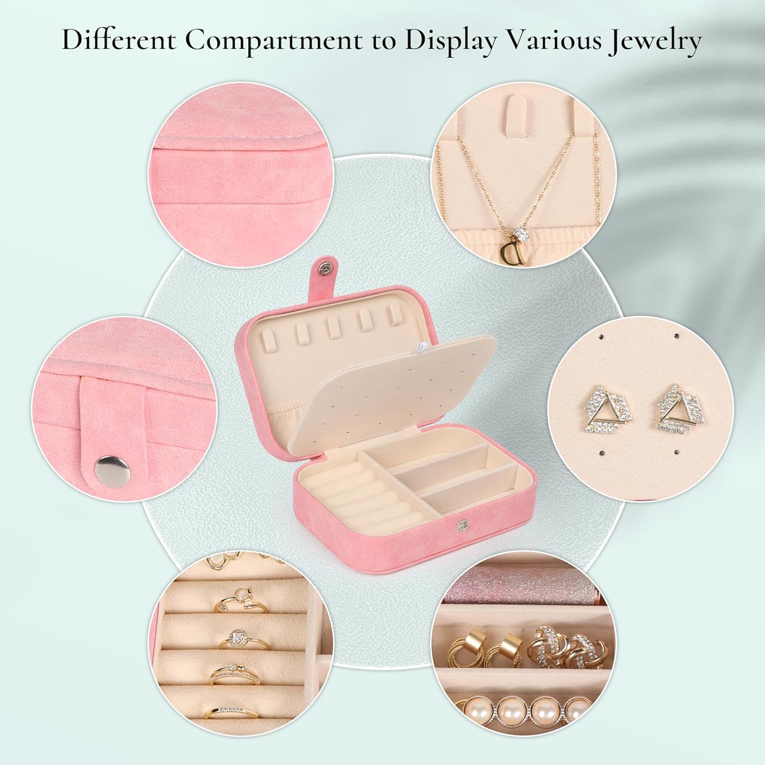 Hatori Travel Jewelry Box, PU Leather Small Jewelry Organizer for Women Girls, Portable Mini Travel Case Display Storage Holder Boxes for Stud Earrings, Rings, Necklaces, Bracelets (Pink Beige) - Image 3