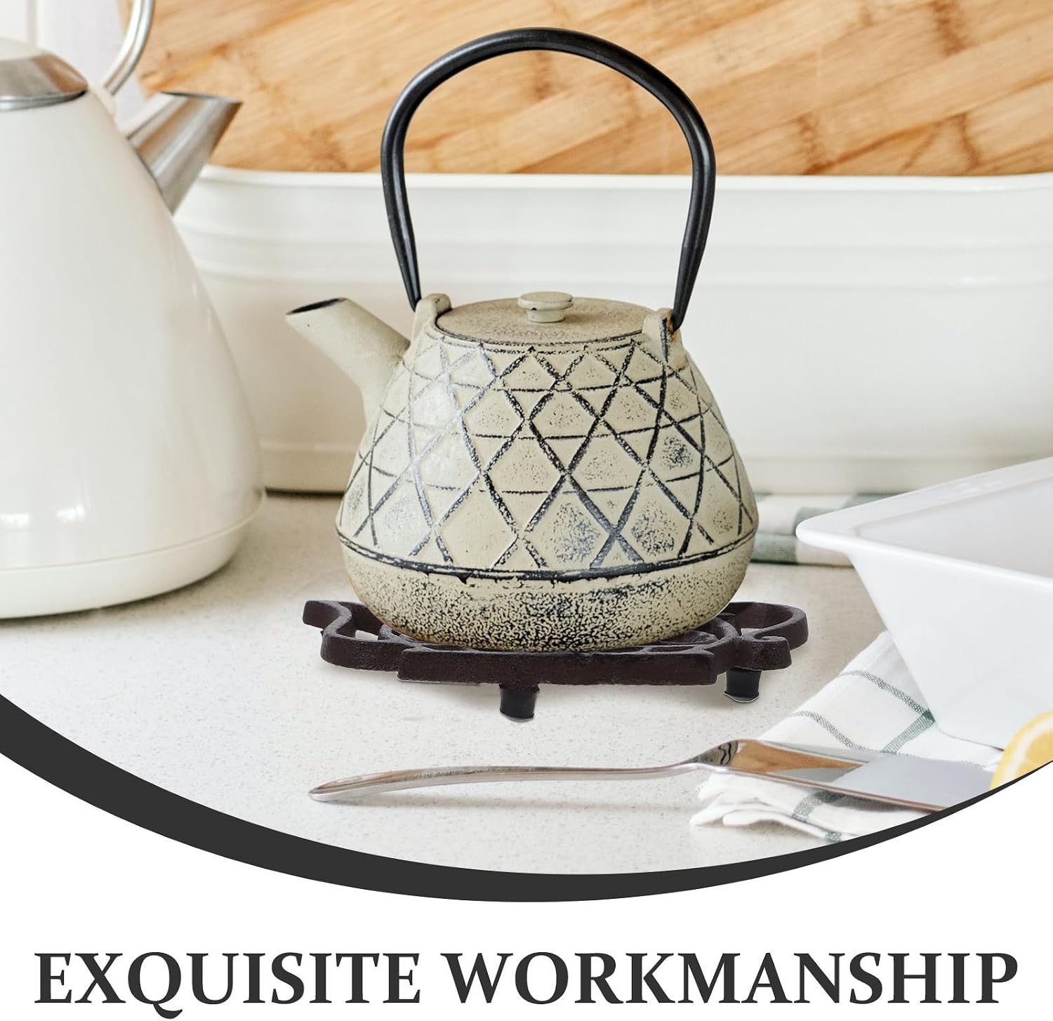 Cast Iron Teapot Shaped Trivet with Rubber Feet Nonslip Heat Resistant Pot Pad for Kitchen Tables and Dining Rooms Vintage Creative Design for Hot Pots and Dishes