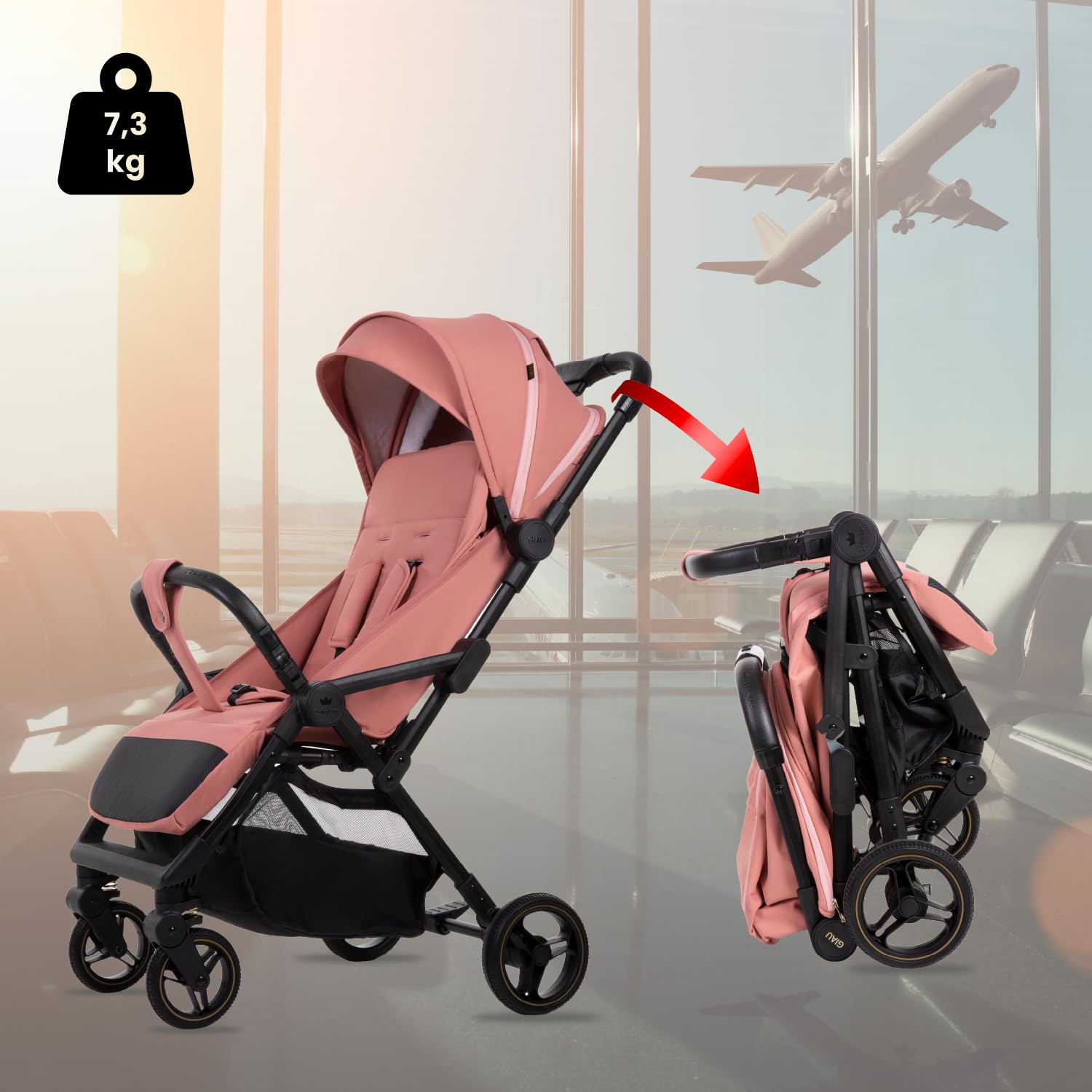Babylux Passeggino Leggero da Viaggio GIAU con Funzione Reclinabile, Pink | Passeggino Pieghevole, Manubrio Telescopico, Ripiegabile In Modo Compatto, Borsa Per Pannolini E Viaggio E Altri Accessori