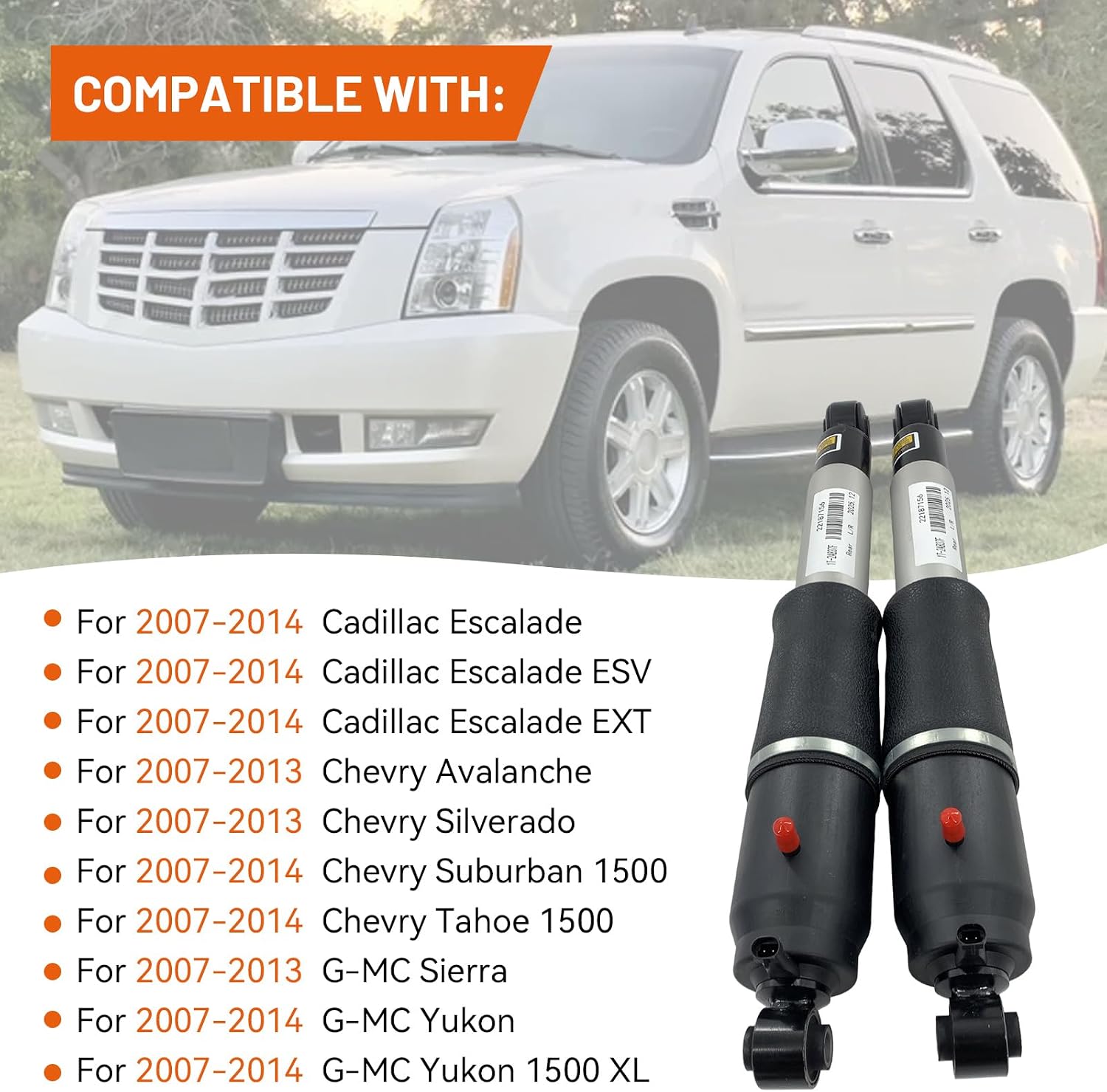 23487280 Rear Air Shock Struts Compatible with Cadillac Escalade & Chevy Avalanche, Tahoe, Suburban & G-MC Yukon XL 2007-2014, Replaces 580-1091 19302786 25871432 (2PCS)