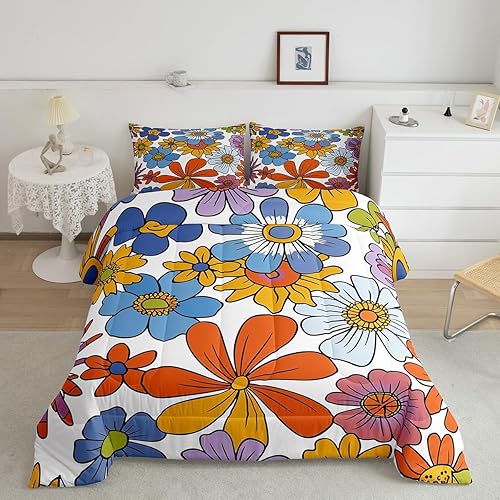 Miniatura 20 de Feelyou Groovy - Juego de edredón de flores para niñas y niños, edredón retro floral bohemio con hongos de los años 70, juego de ropa de cama de