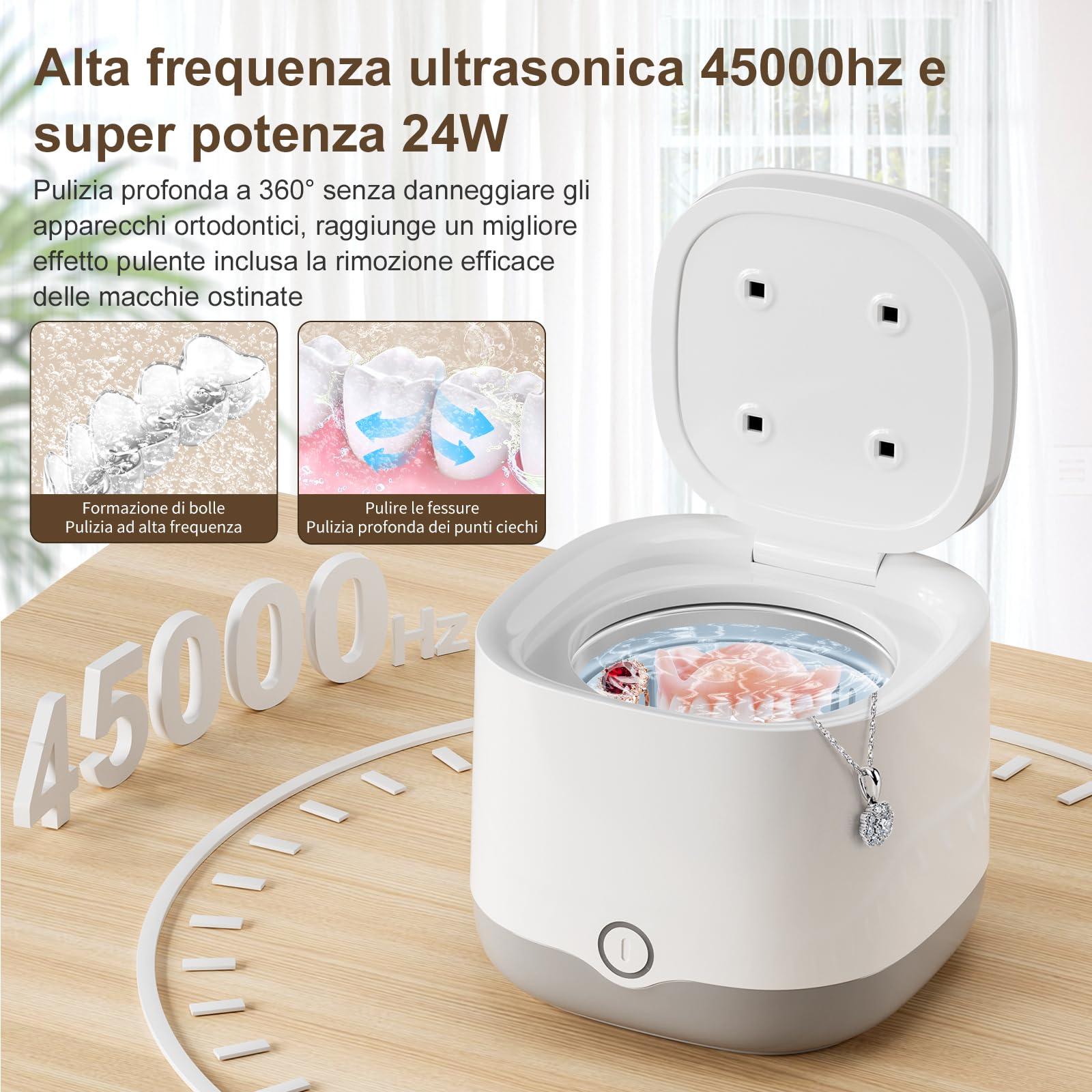 Pulitore Ultrasuoni Portatile 45000Hz con Luce UV | 24W | 200ML | Ultrasonic Cleaner per Protesi, Bite, Allineatori, Ferule Dentali e Gioielli