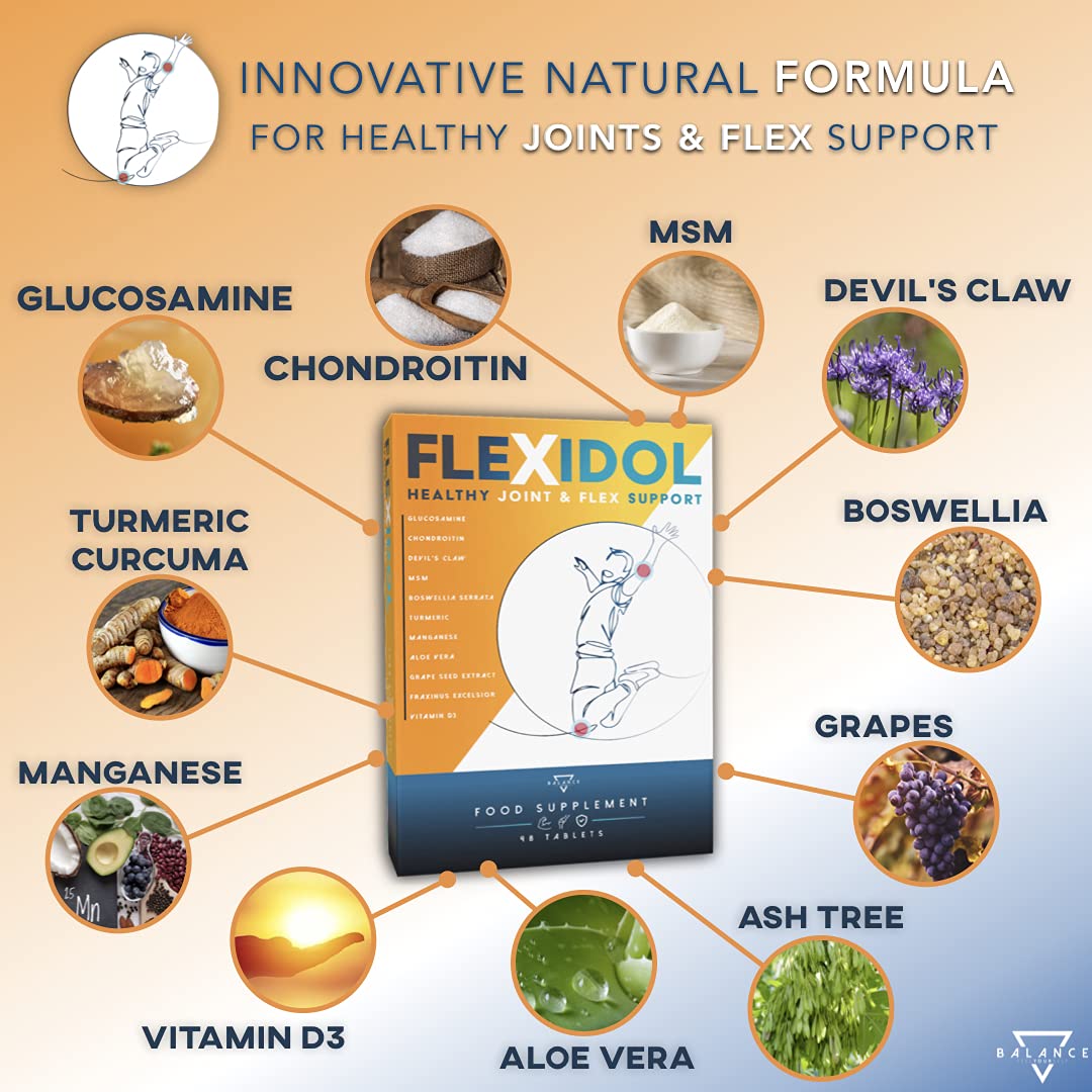 FLEXIDOL® | Glucosamina Condroitina | Integratore per dolori articolari e muscolari con MSM, Artiglio del Diavolo, Boswellia Serrata, Curcuma, Aloe, Manganese, Vitamina D3 | 48 cpr