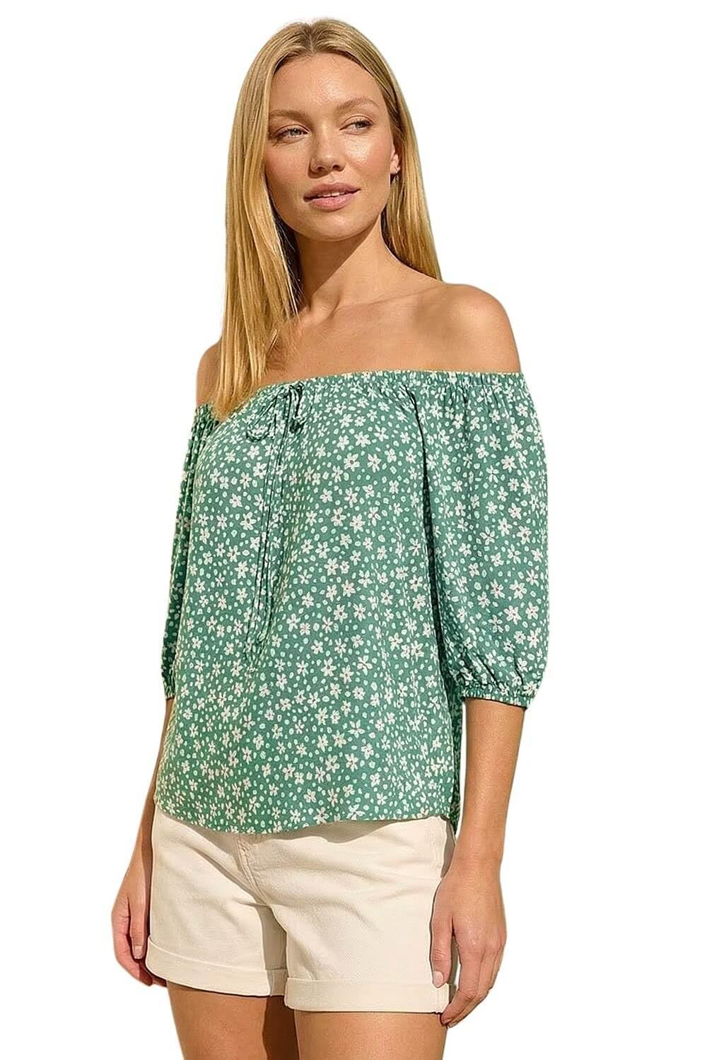Roman Originals Women's Floral Sage Roman Bardot Top Off Shoulder Blouse For Uk - Floral Print Shirt Palm Leaf Tropical Ditsy Cold Shoulder Jersey Frill Cuff Summer Spring Holiday