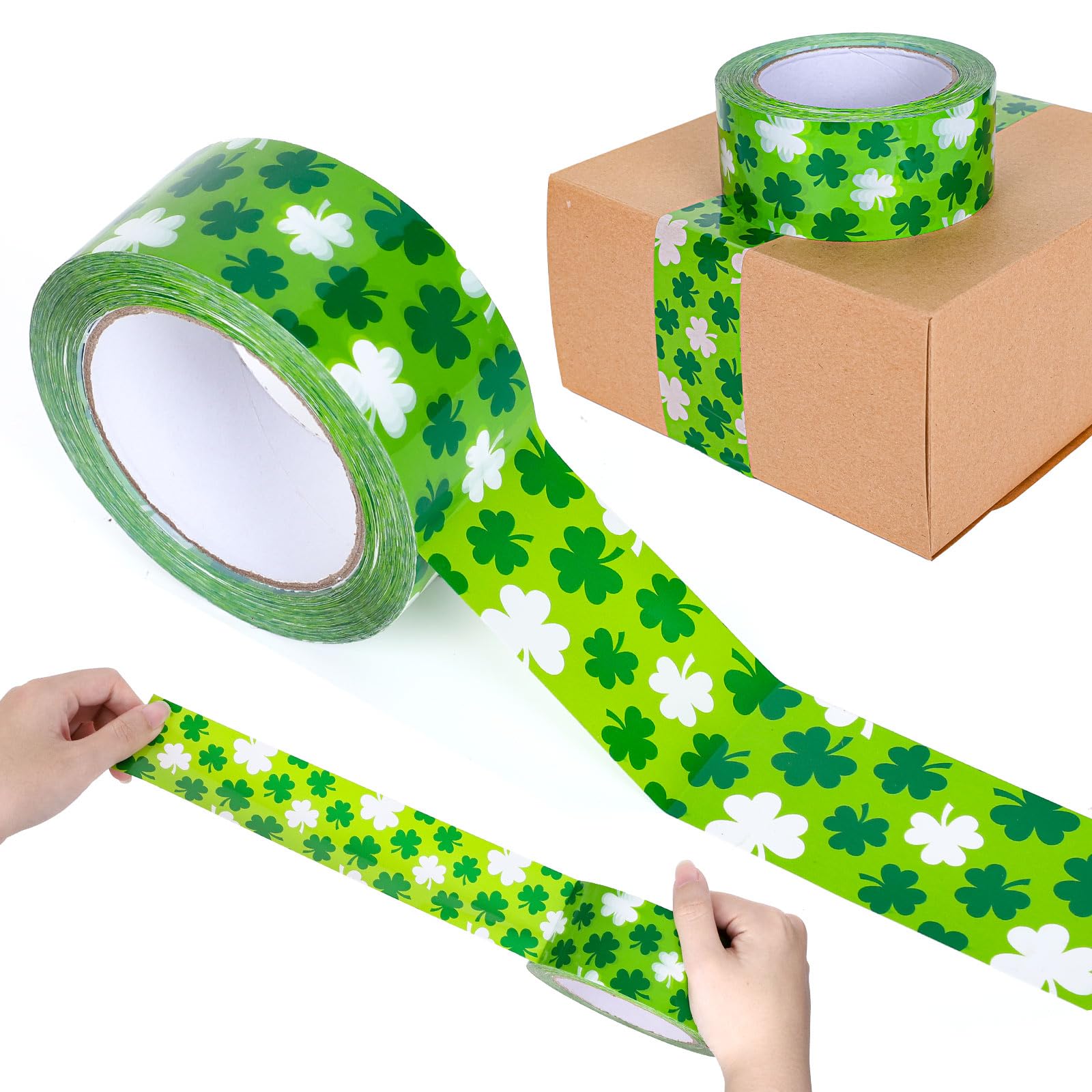 Whaline 109 Yard St Patrick's Day Packing Tapes Irish Luck Green White Shamrock Clover Pattern Decorative Tape Waterproof Gift Wrapping Tape for Small