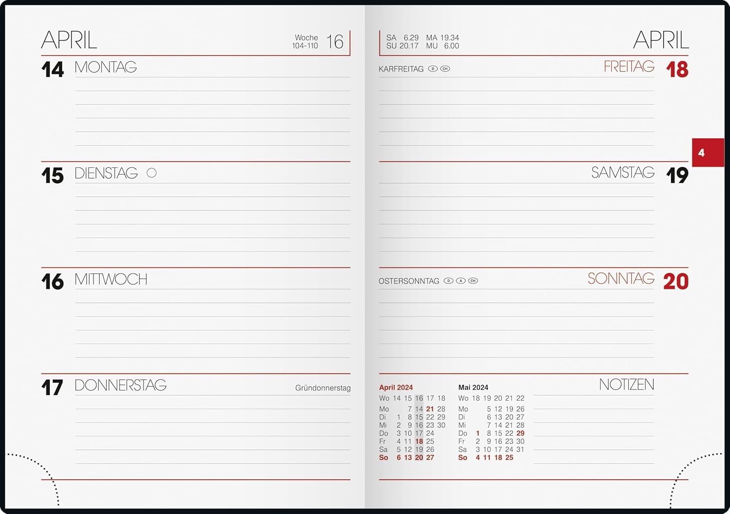 BRUNNEN Weekly Calendar Model 731 2024 2 Pages = 1 Week Sheet Size 10 x 14 cm Black