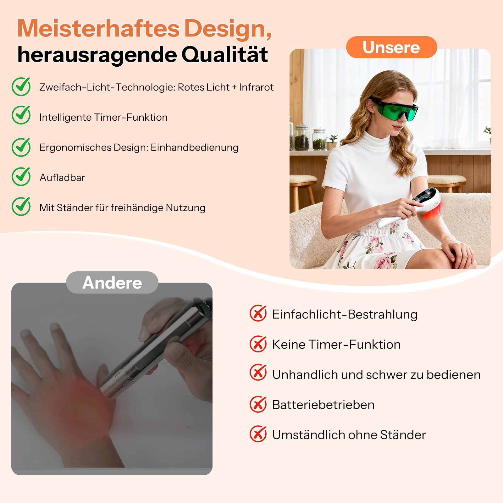 Handgerät Kaltes Rotlicht Handgerät, 5 Modi, 808nm+650nm Kaltlicht-Technologie, Infrarot Kaltlicht Handgerät für Muskel- und Gelenkpflege Mensch & Haustier
