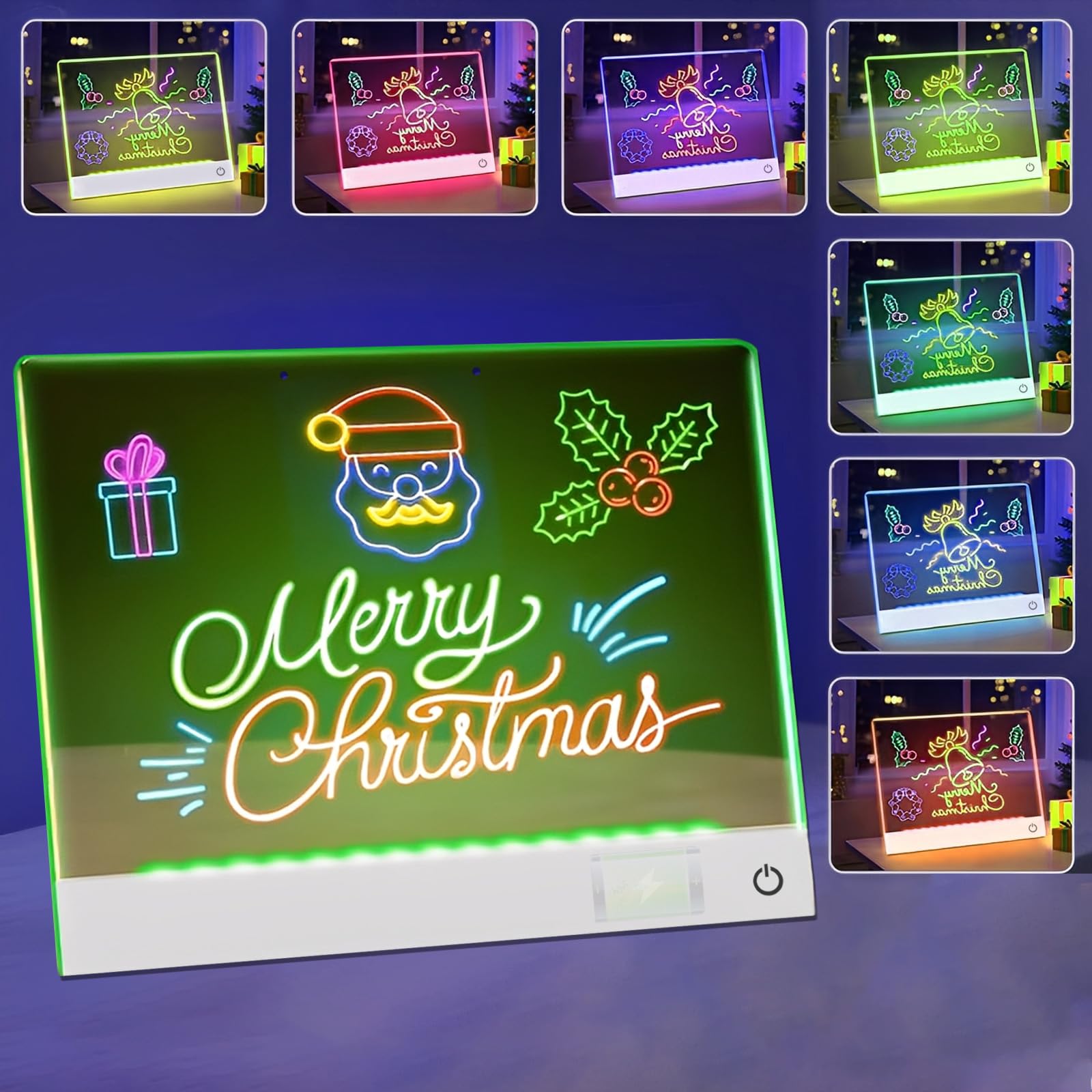 Rechargeable LED Drawing Board, Doodle Glow LED Note Board with 7 Colors, Light Up Neon Art Dry Erase Message Board with 7 Markers, Cloth, Hanging Chain and Stand for Holiday Birthday Christmas Gifts