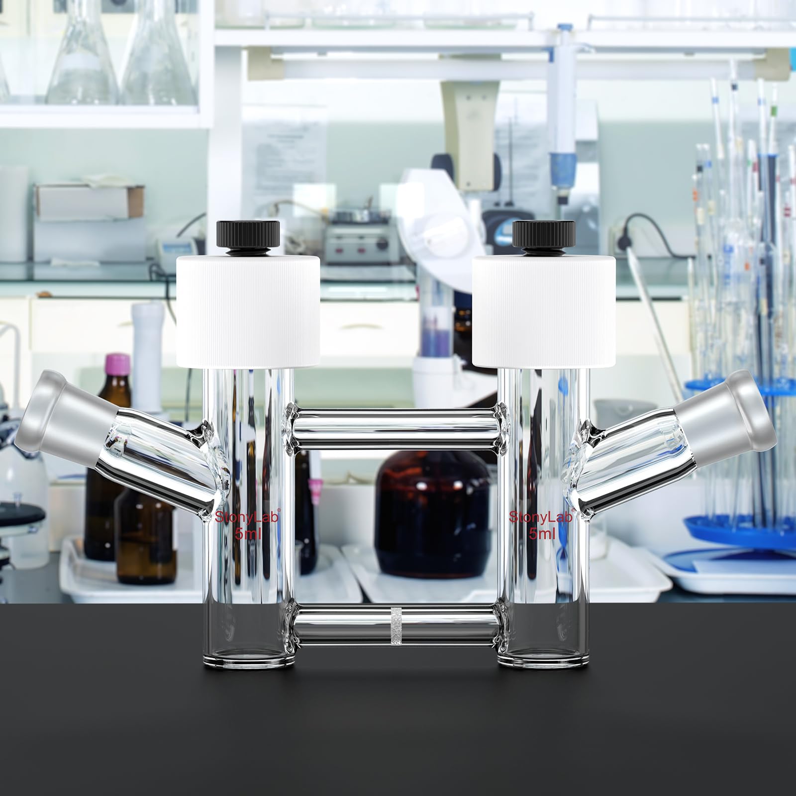 stonylab 5-10 ml Volumen H-typ Elektrolysezelle mit Außengewindeverschluss, Feiner Glasfritten-salzbrücke, Nicht Austauschbarer Membran, 14/20 Schliffe auf Beiden Seiten, für Elektrochemie-labore
