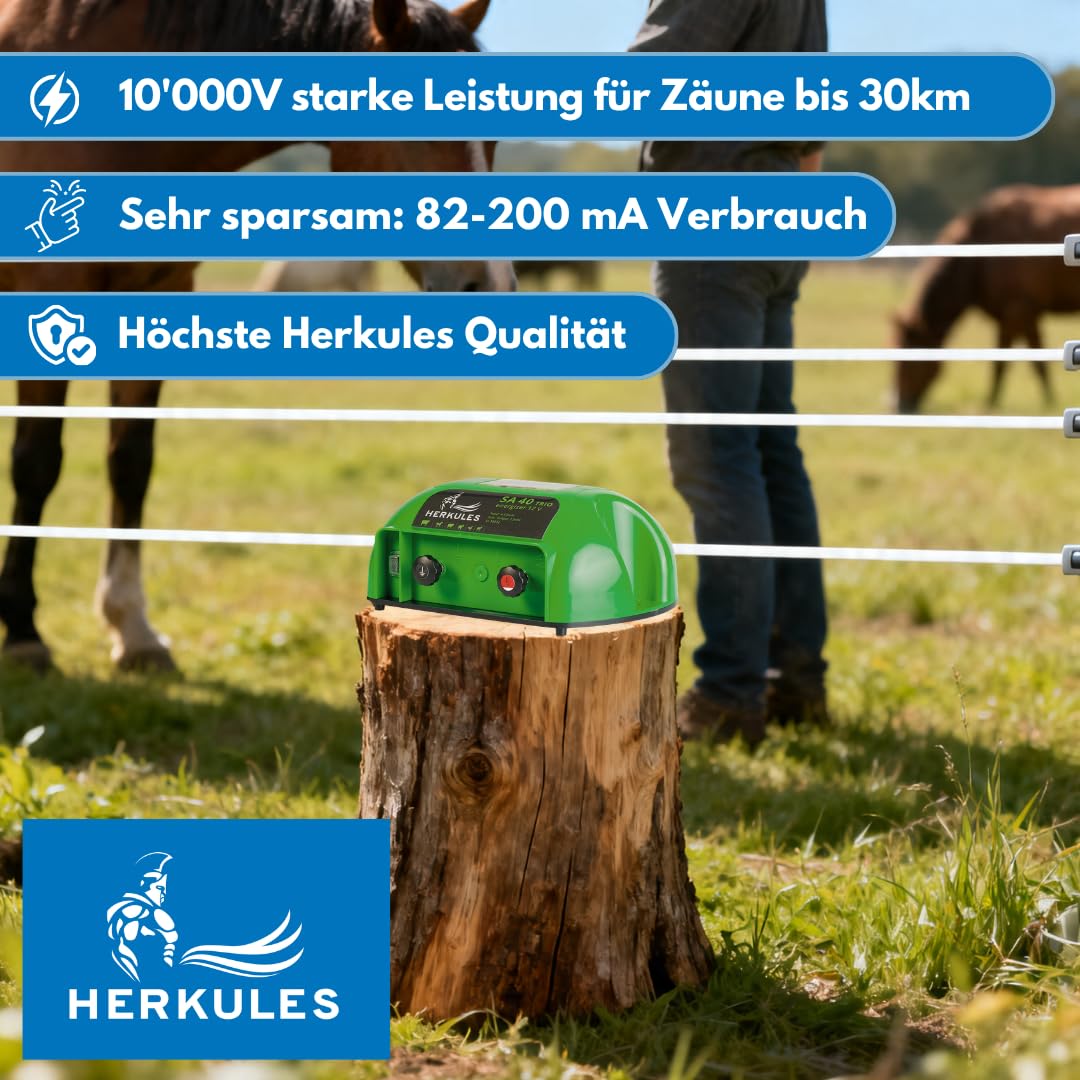 Herkules Weidezaungerät SA 40 - Flexibles 9V/12V/230V Trio-Gerät - Elektrozaungerät für bis zu 30 km Zaun - Mobiles Weidegerät mit 10000 V Leistung für Akku-, Batterie- und Netzbetrieb