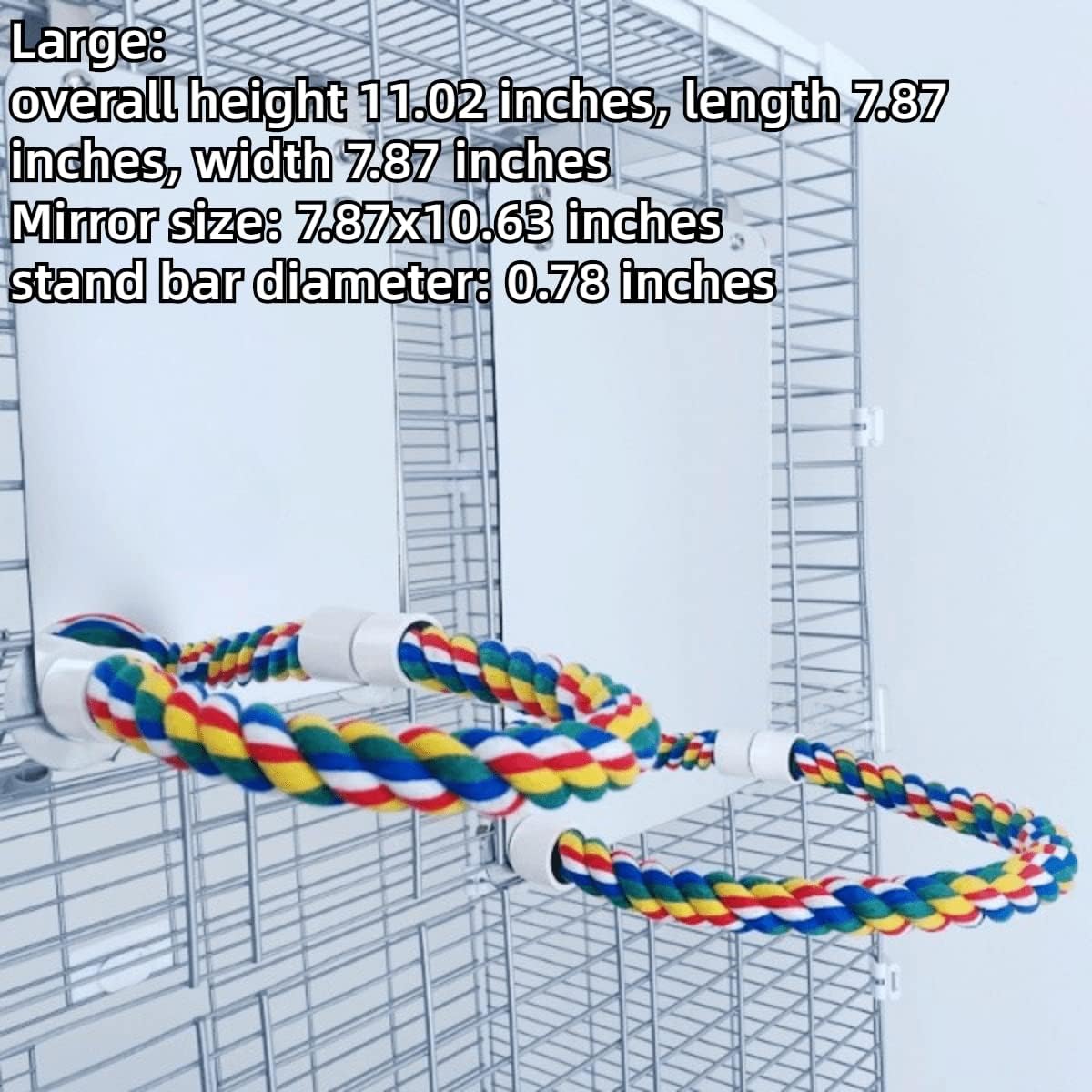 Bird Mirror with Rope Perch for Finch, Cockatiel, Parrot, Conure, Lovebirds, Canaries (Stainless Steel & Acrylic Mirror, Multi-colored Cotton Rope)