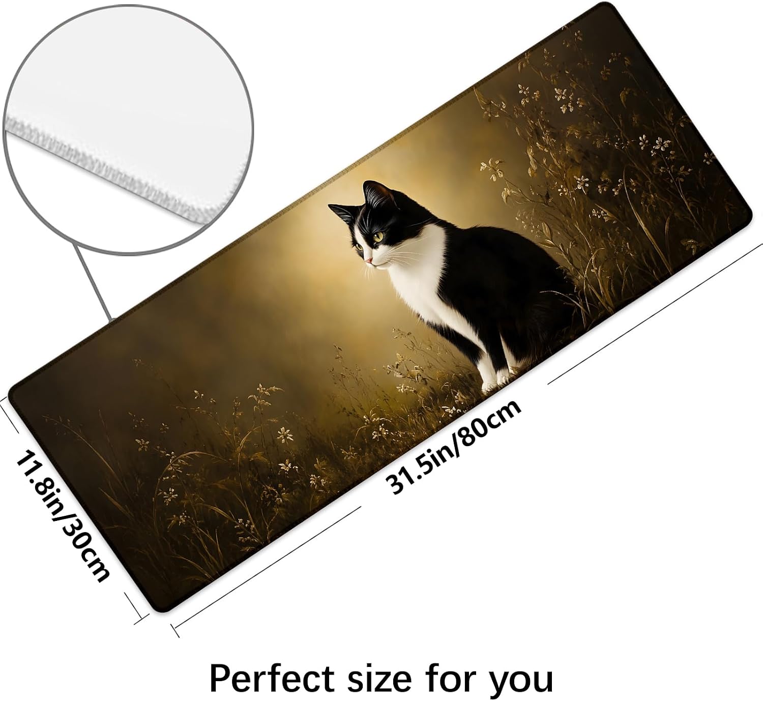 Black and White Tuxedo Cat Large Gaming Mouse Pad, Desk Mat, Non-Slip Rubber Base, MousePads for School, Work, Home Accessories Decor Gifts 31.5" x 11.8" image 3