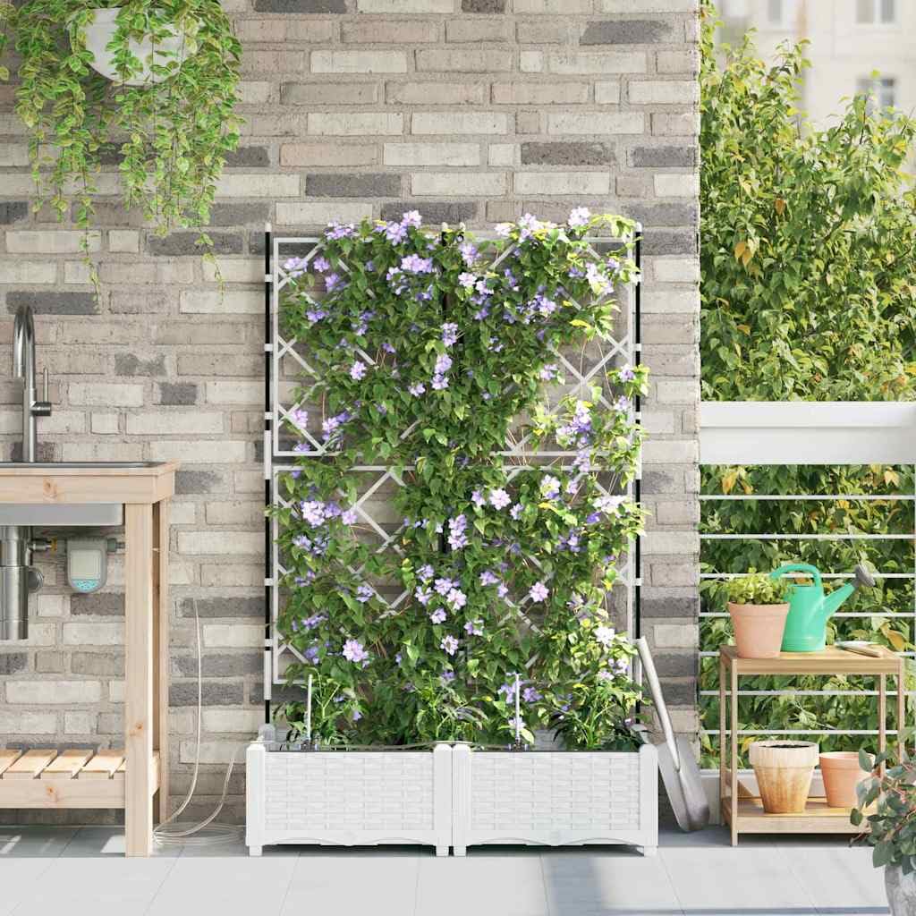 Juego de 2 maceteros de riego de plástico blanco, 80 x 40 x 126 cm | Prácticas jardineras para balcón y terraza con almacenamiento de agua integrado para plantas vitales.