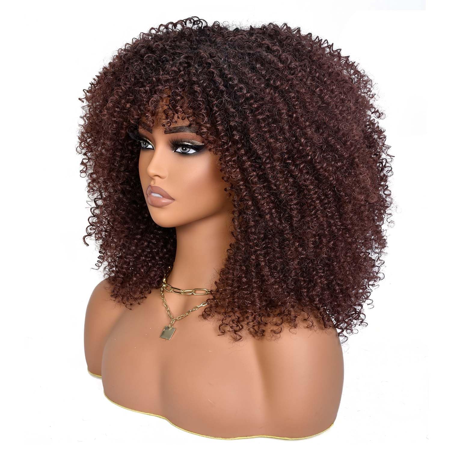 Afro Curly Wig with Bangs Short Synthetic Afro Wig Black Kinky Curly Wigs for Women Shake and Go Wigs for Daily And Party Use (Black Mixed Brown, 14 Inch)