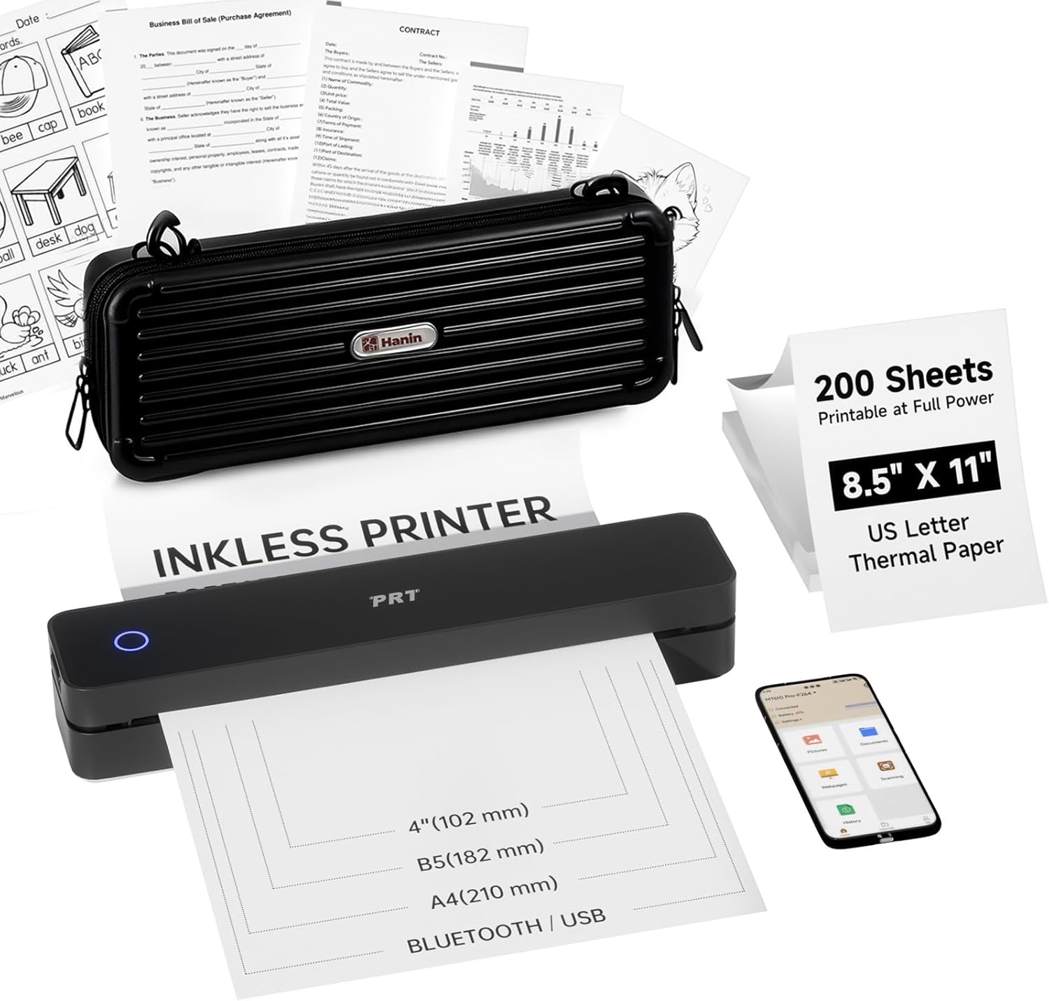 PRT Portable Printer Wireless for Travel, Thermal Inkless Printer for Home Use, Come with Carry Case& 200 Sheets Thermal Paper, Support 8.5x11 US Letter&A4 Thermal Paper, Compatible with Phone Laptop